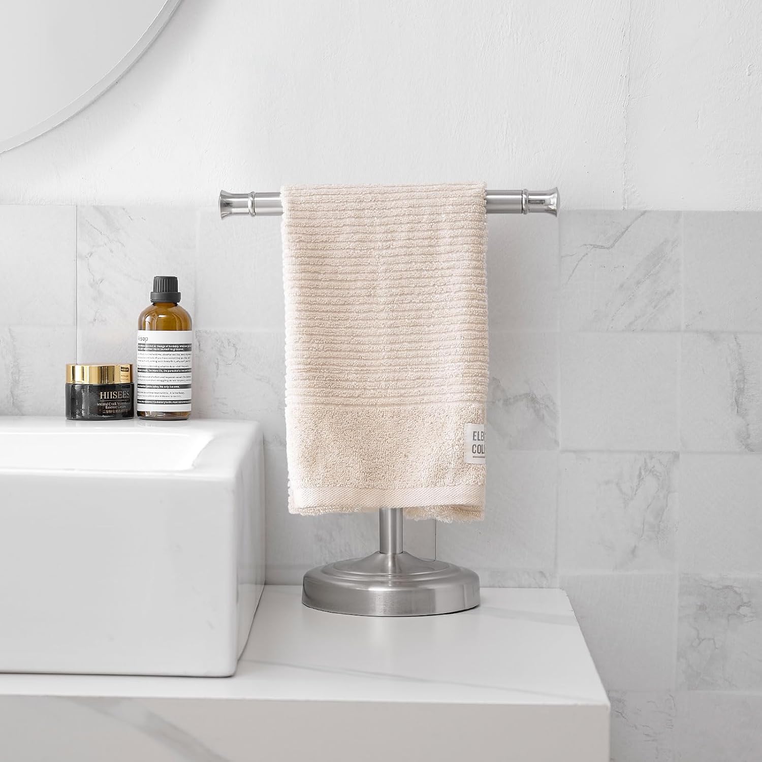 RUMOSE 13 Inch Brushed Nickel Towel Stand Hand Towel Holder Bathroom Kitchen Vanity Countertop T-Shape Towel Rack Free Standing Stainless Steel Towel Bar Towel Ring