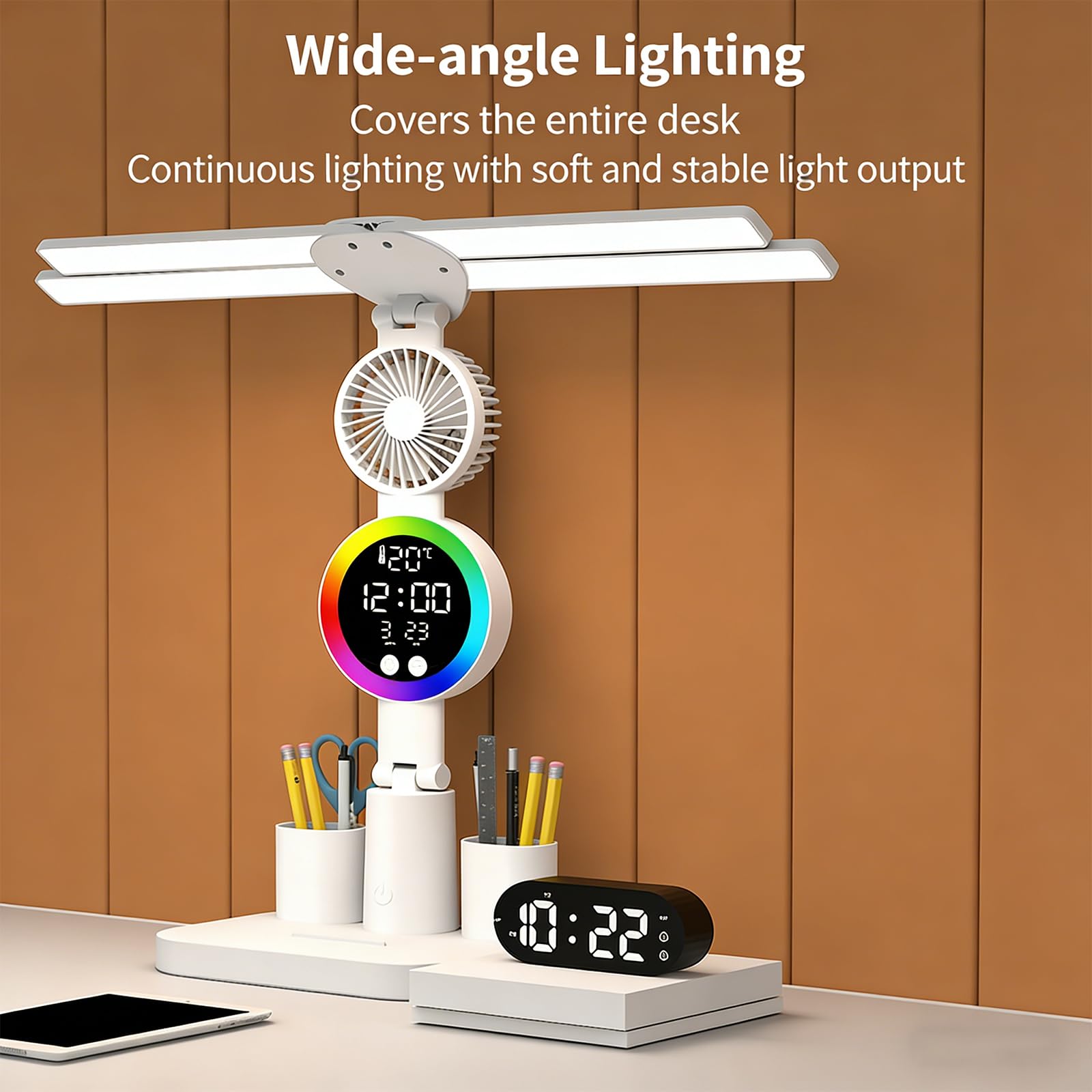 Lampada da scrivania a LED flessibile con ventola integrata che offre colori luce modificabili, batteria ricaricabile per un utilizzo silenzioso e trasportabile Lampada da scrivania con ventola