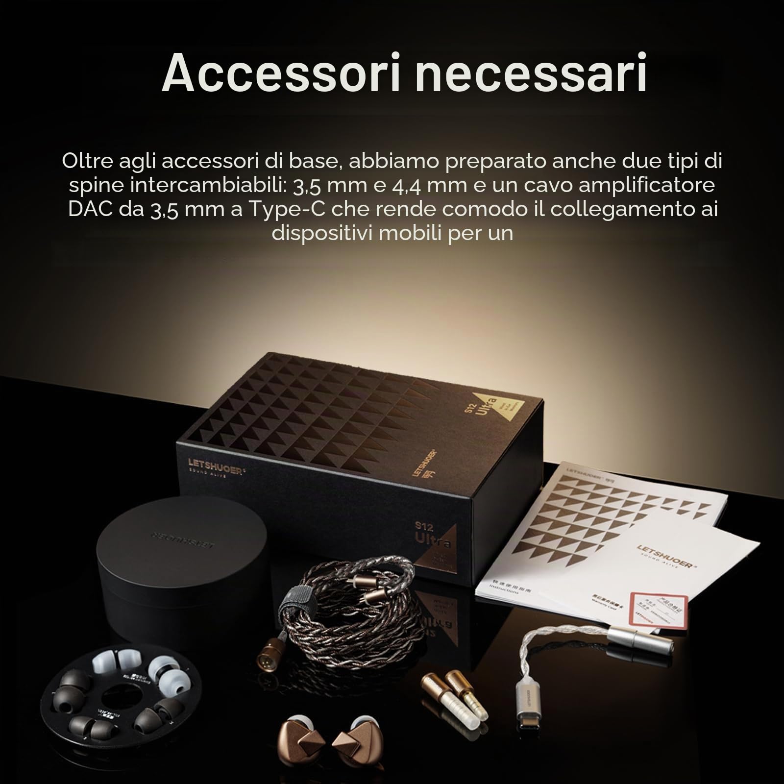 Letshuoer Auricolari S12 Ultra Hi-Fi IEM 14,8 mm con driver magnetico planare grande, monitor in-ear con cavo in rame placcato argento (moka, connettore da 3,5 mm/4,4 mm)