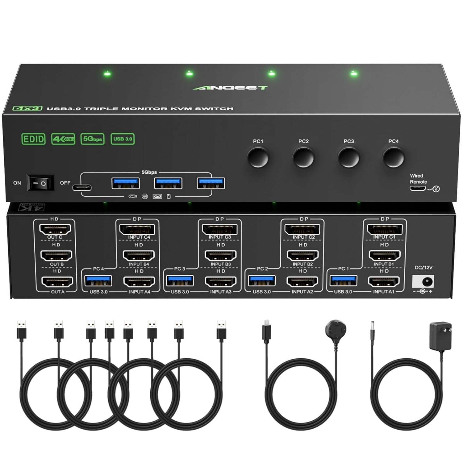 KVM Switch 3 Monitors 4 Computers 4K@60Hz,EDID Simulation,USB 3.0 HDMI Displayport KVM Switch Triple Monitor for 4 PC Share 3 Monitors and Keyboard Mouse Printer,with Wired Remote and 4 USB Cables 3 Monitor 4 PC