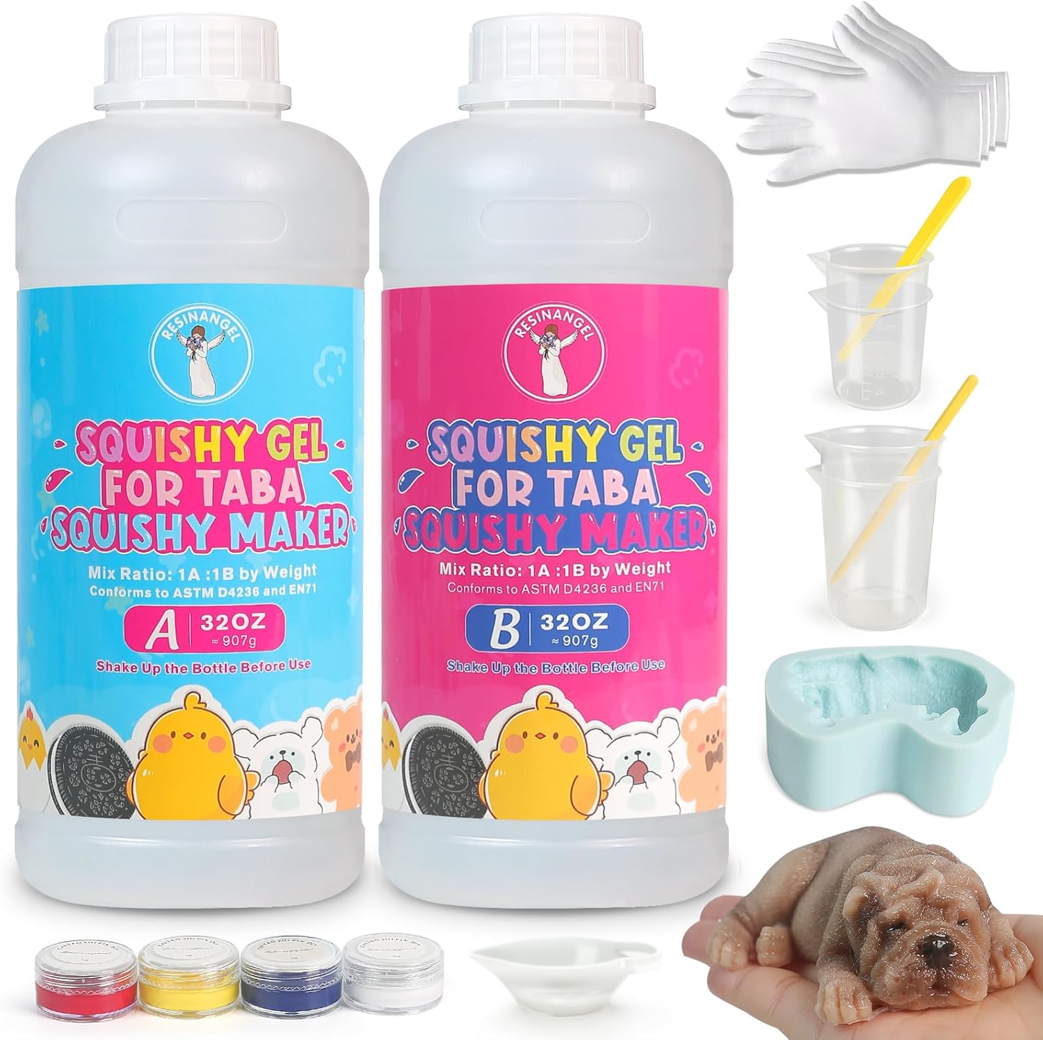 ResinAngel 64oz Taba Squishy Kit,1:1 AB Liquid Silicone Gel,FuFu Squishy Maker Kit with Mold,Silicone Rubber Squishy Toys for Stress Relief,Entertainment,Party Favors,Birthday,Christmas Gift