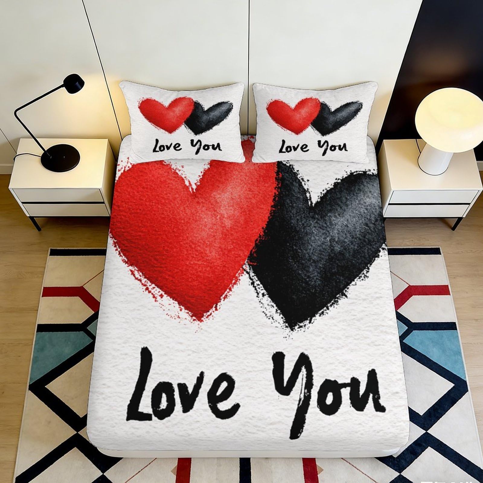 3D Printed Love Heart Fitted Sheet Microfiber Soft Red Black Romantic Graffiti Bed Cover for Bedroom Dorm Mattress Protection Decor 90x200x25cm