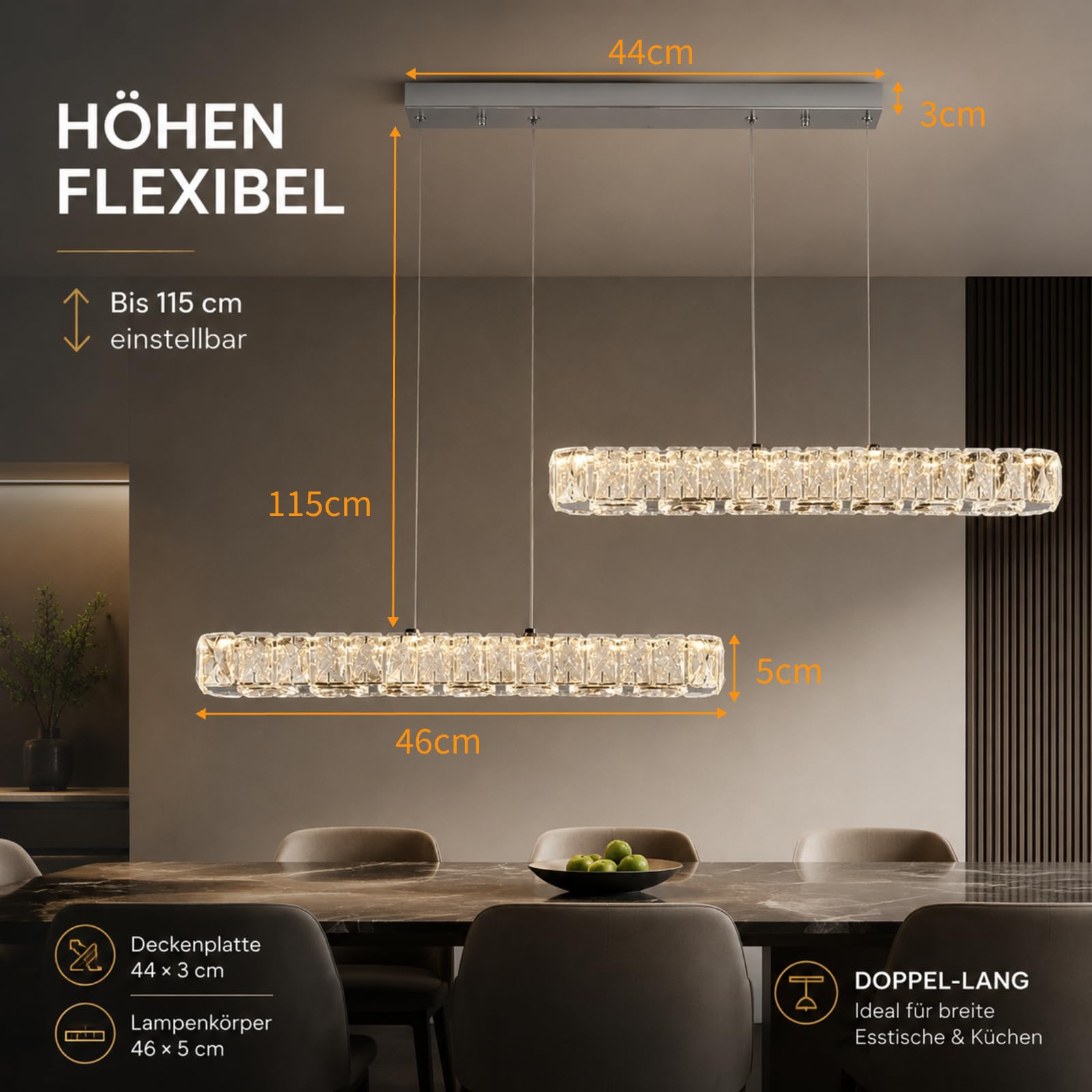 Doppel Linear Kristall LED Pendelleuchte 80cm Esstisch Höhenverstellbar | 3 Lichtfarben Hängeleuchte Kücheninsel Schlafzimmer Wohnzimmer Küche