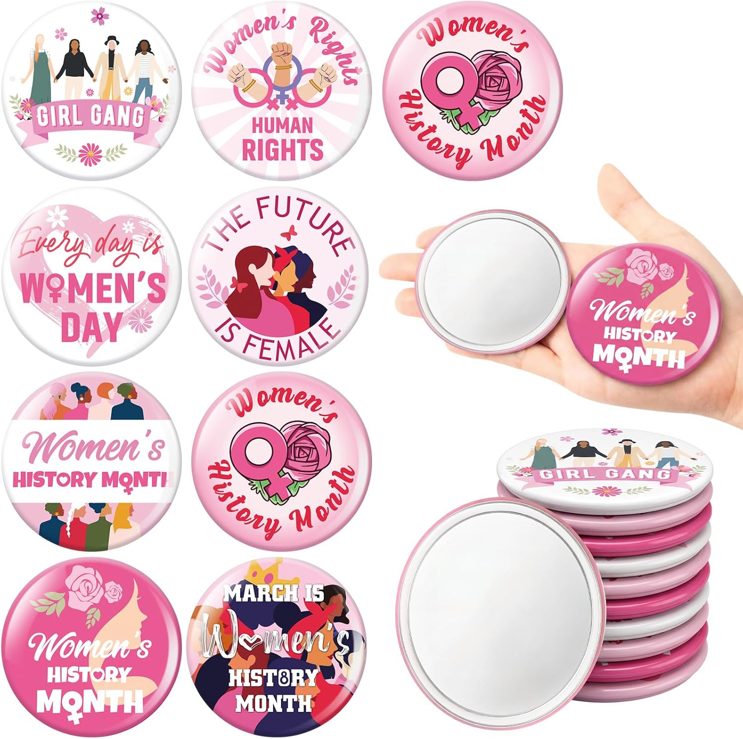 Vicenpal 48 Pcs Women's History Month Gifts Pink Compact Mirror Bulk Mini Pocket Mirror Female Empowerment Power Feminist Gifts Small Employee Round Makeup for Women's History Month Party Supplies