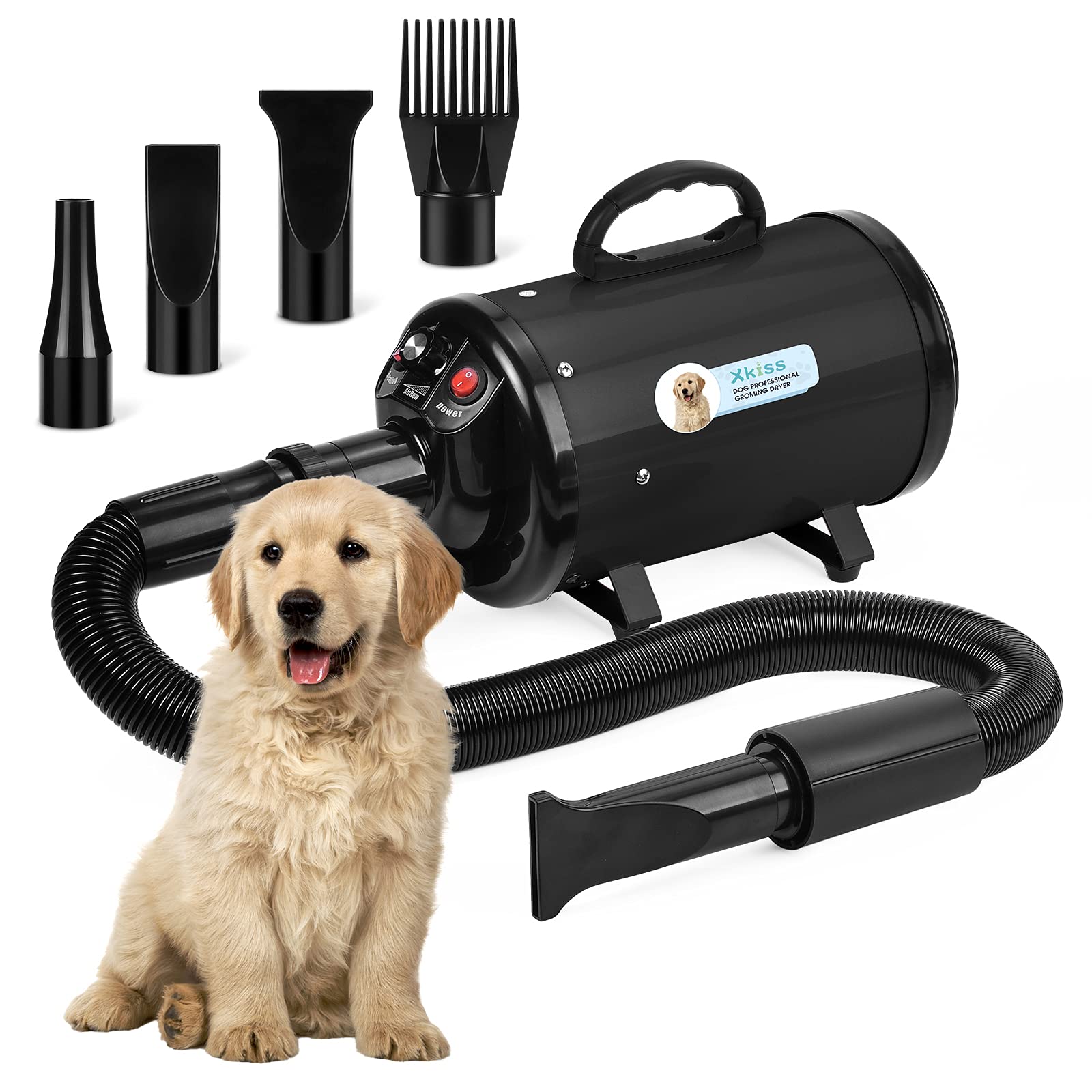 XKISS Secador Pelo Perro 4.3HP/3200W Velocidad Continua y Temperatura Ajustable secador de Mascotas Viene con 4 Accesorios.（Negro）