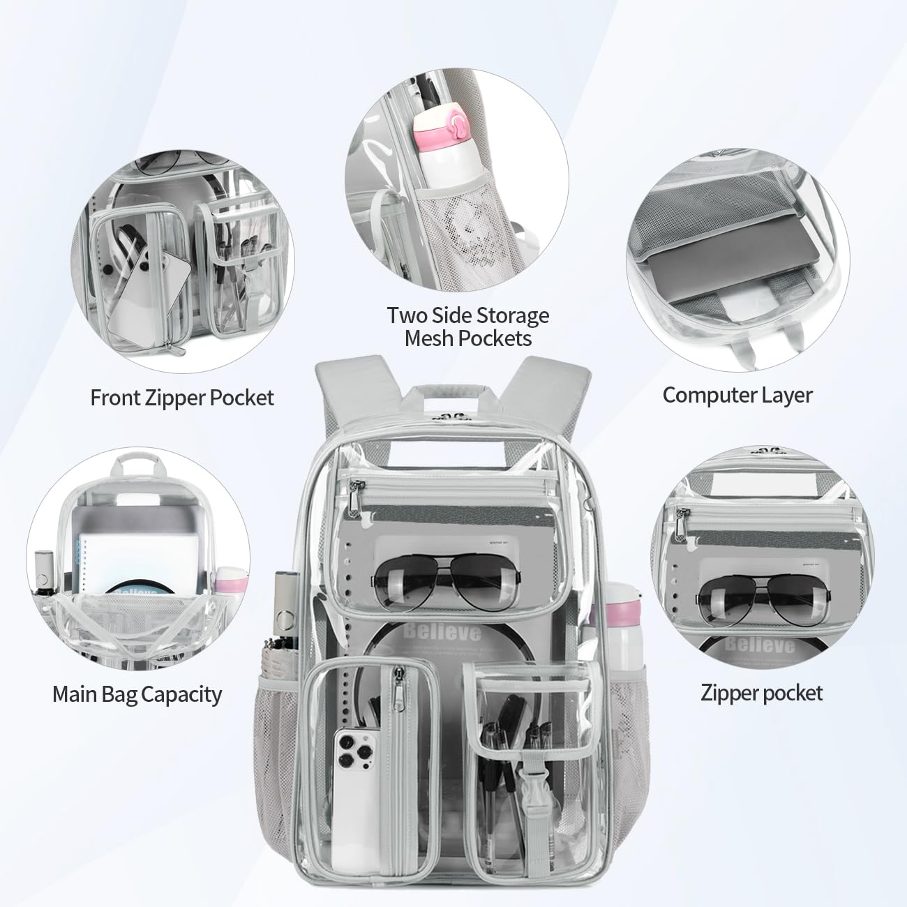 Cusangel Zaino trasparente resistente, 41,9 x 30,5 x 12,7 cm, in TPU, grande capacità, per eventi sportivi, viaggi