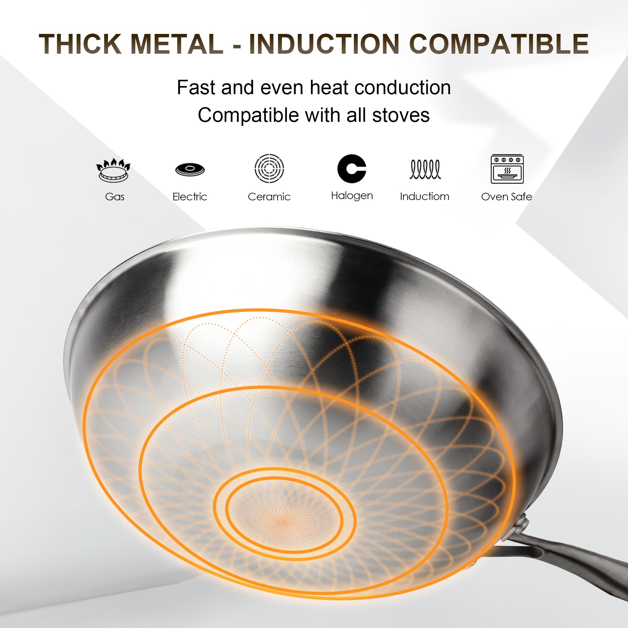 RIOVARM 32cm Wok in acciaio inox con coperchio, Antiaderente Fondo piatto Padella Wok, A tre strati Struttura a nido d'ape, Lavabile in lavastoviglie A prova di forno, Induzione, Piani cottura a gas
