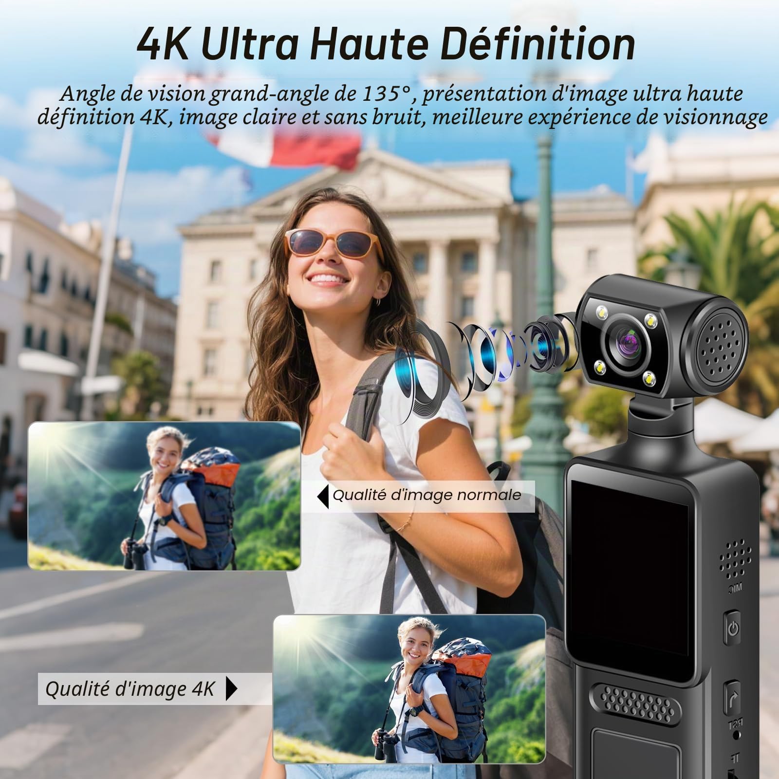 4K Camera Pieton, 128GB Caméra de Corps avec Objectif Rotatif & 180° Grand Angle, WiFi Enregistreur Vidéo Portable avec Clip Arrière, Détection de Mouvement de Vision Nocturne pour Sport Vélo Voyage