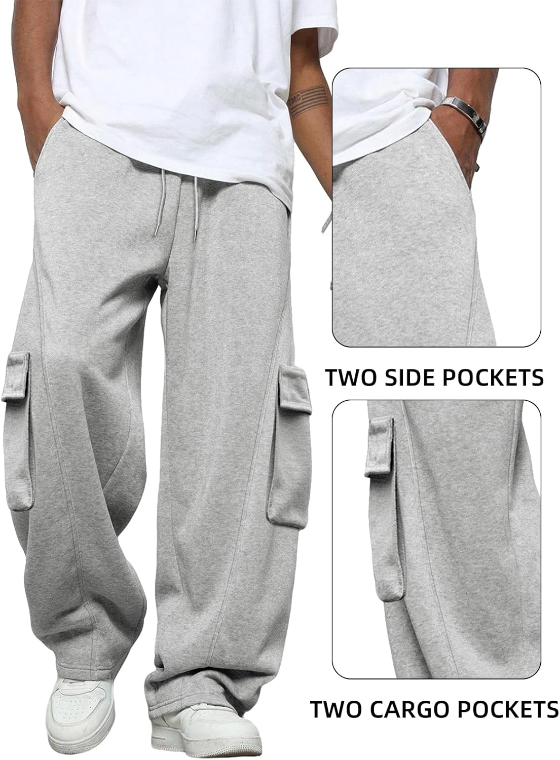 Men's Baggy Sweatpants Heavyweight Fleece Cargo Pants Wide Leg Loose Fit Casual Joggers Sweat Pants for Men with Pockets - Image 5