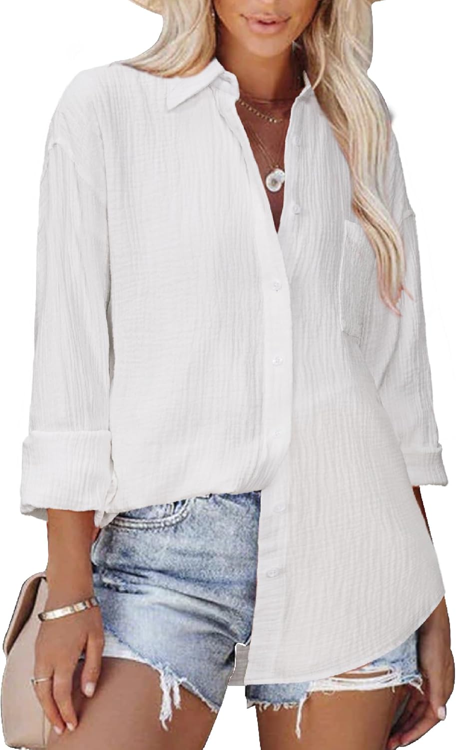 (SIZE XL)) siliteelon Button Down Shirts for Women Cotton Long Sleeve Blouse Oversized Boyfriend Collared Blouses Tops with Pocket X-Large White
