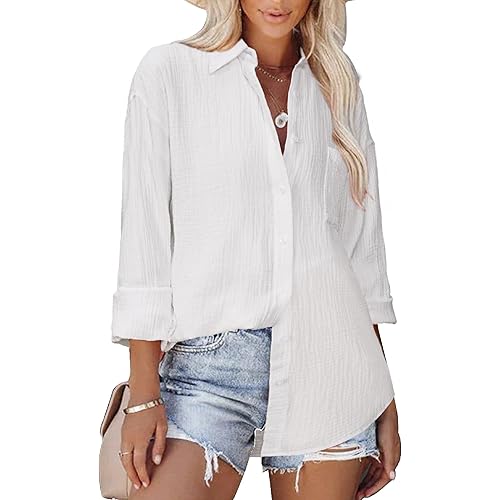 siliteelon Womens Button Down Shirts Cotton Long Sleeve Blouse Oversized Boyfriend Collared Blouses Tops with Pocket