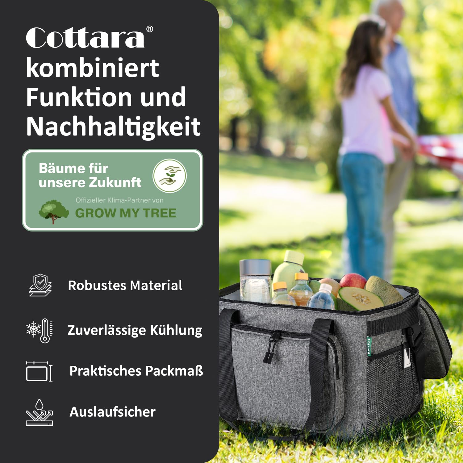 COTTARA® Faltbare Kühltasche groß 30L wasserdicht +12h Frische extra stark isolierte Kühltasche faltbar – Kühlbox, Cooler bag, Lunch bag, Isoliertasche, Thermotasche Picknicktasche – Grau