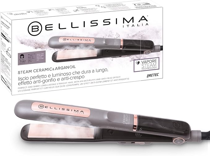 Bellissima Steam Ceramic & Argan Oil Plancha de Vapor, Revestimiento de Cerámica y Aceite de Argán, 3 Niveles, Calentamiento Rápido, Placas Básculantes, Apagado Automático