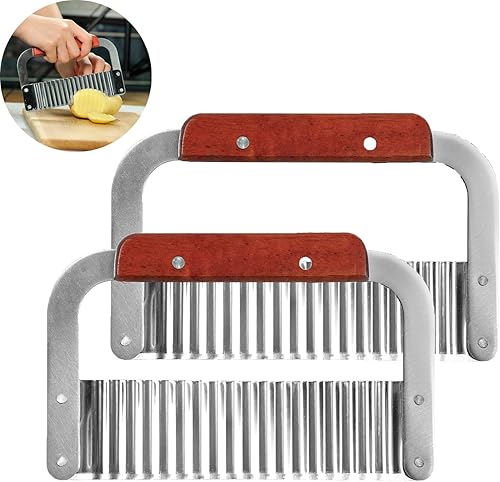 Miniatura 7 de Paquete de 2 cortadores de arrugas para verduras, cuchillo de acero inoxidable ondulado para picar patatas fritas con mango de madera, herramienta