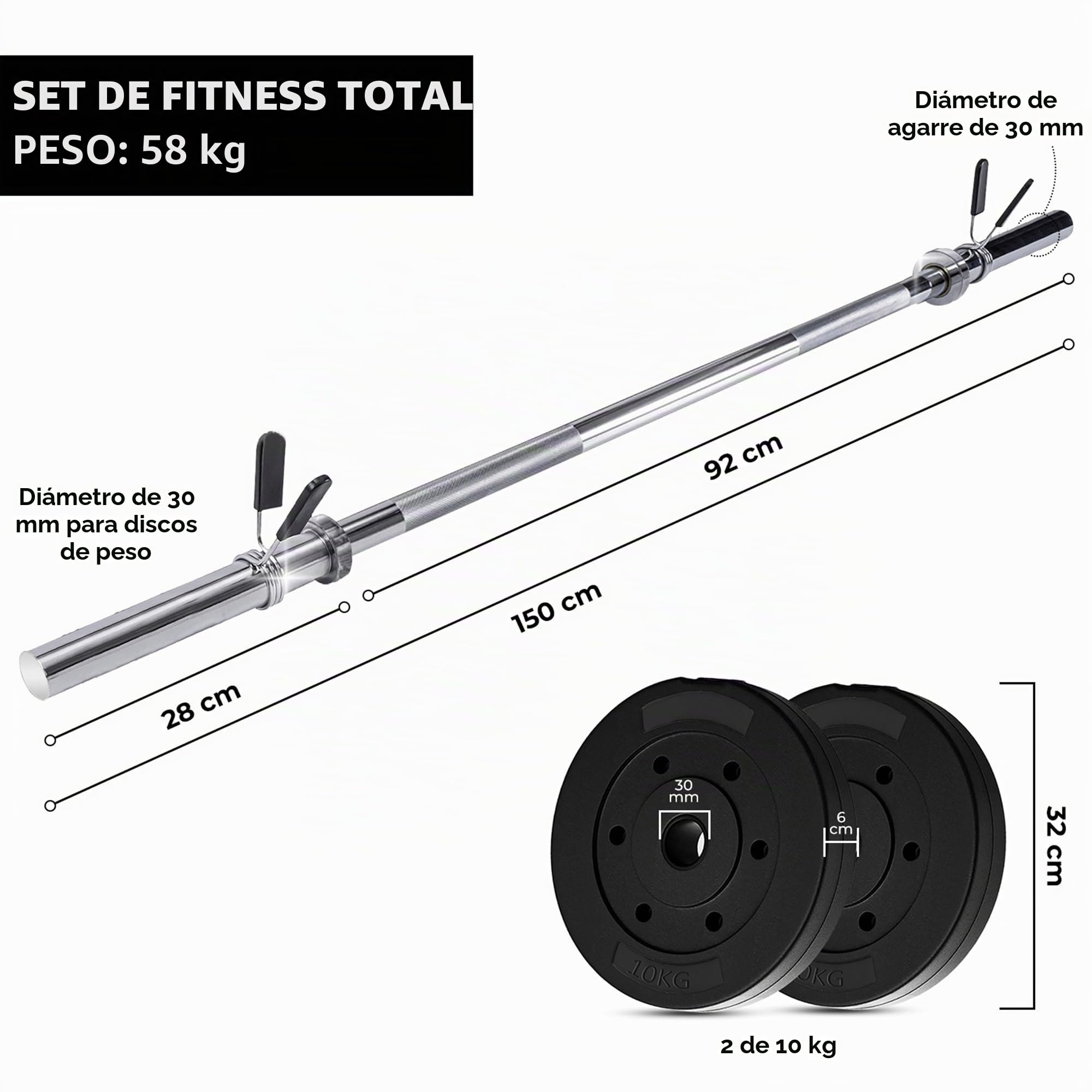 wuuhoo® Juego de Barra y Platos de Pesas Marcel, 26kg-60kg, Barra de 30mm, Barra de Acero Cromado, 200cm/180 cm/160 cm/150 cm/120 cm