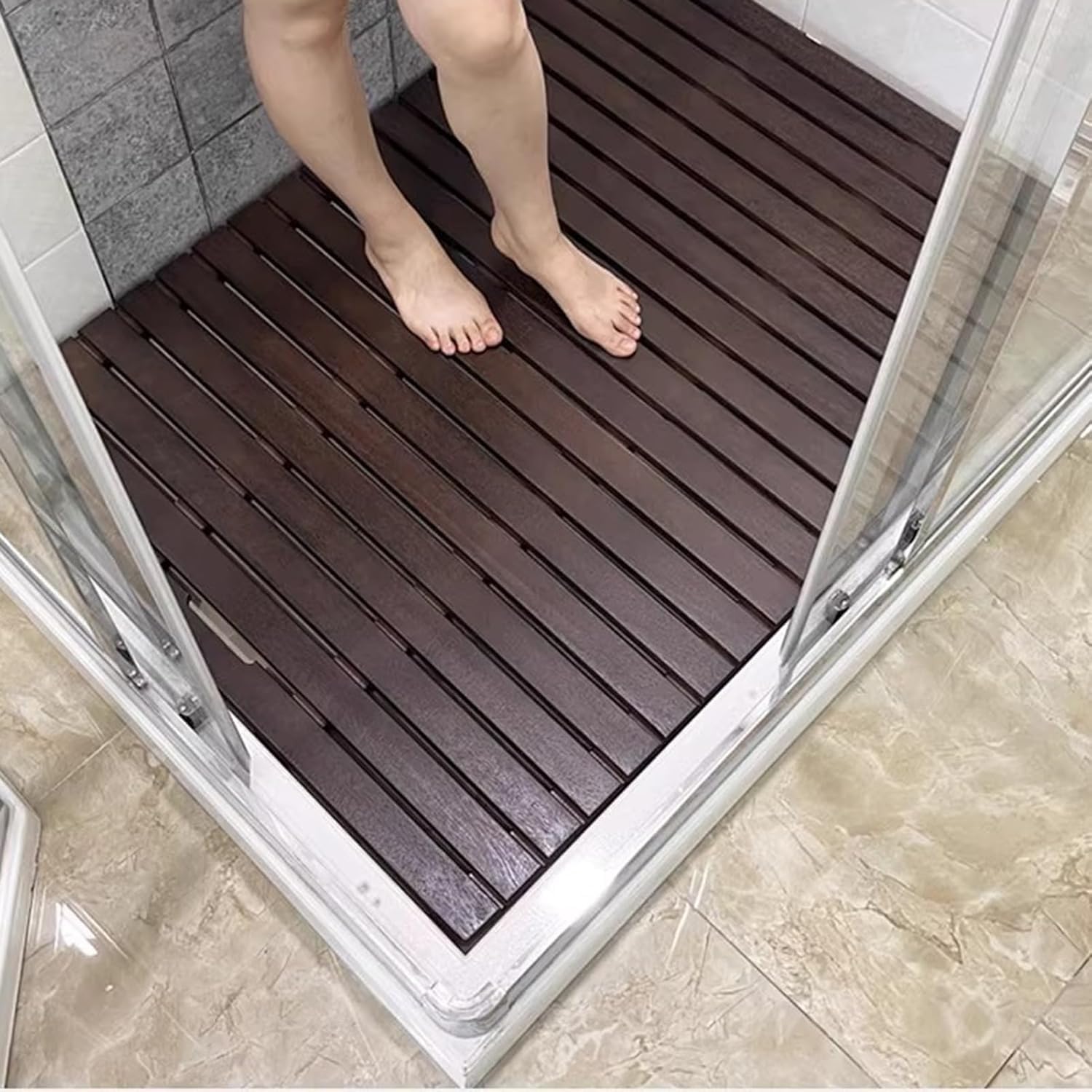 Alfombrilla de baño de Madera maciza Negra, peldaños de ducha para Interior y External, peldaños de baño Grandes antideslizantes, alfombrilla de desagüe de colocación Natural(40 x 50 cm)