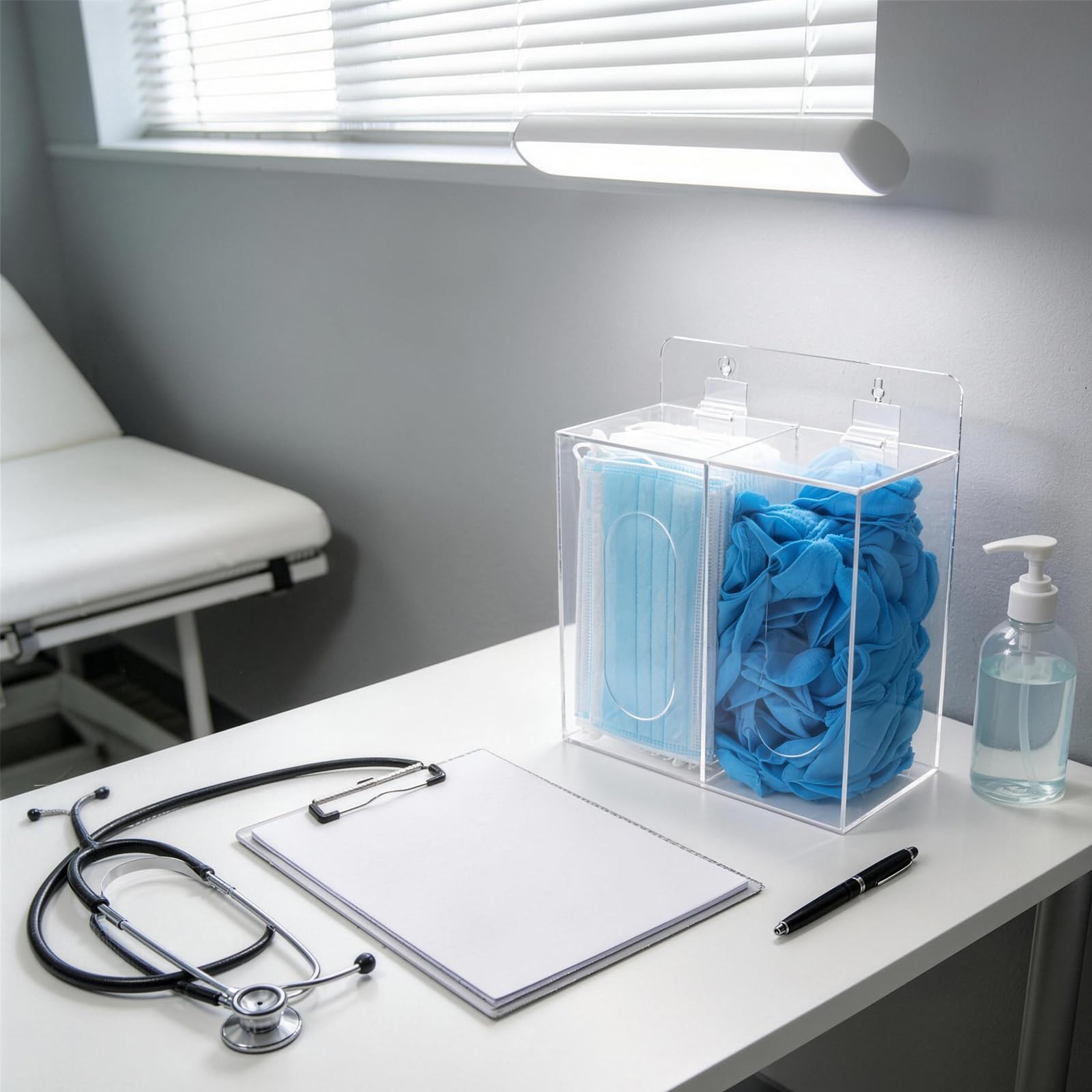 Dispensador de máscara facial y guante de acrílico desechable con tapa, colgable y de pie, transparente