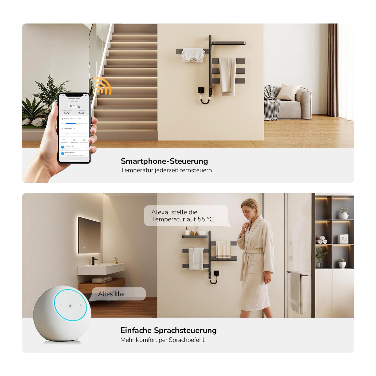 EMKE Elektrischer Badheizkörper 769x450 mm, 180° schwenkbarer Handtuchwärmer mit WiFi-App-Steuerung, Flacher Handtuchheizkörper mit Thermostat & Timer, 120 Watt, IP45, Grau