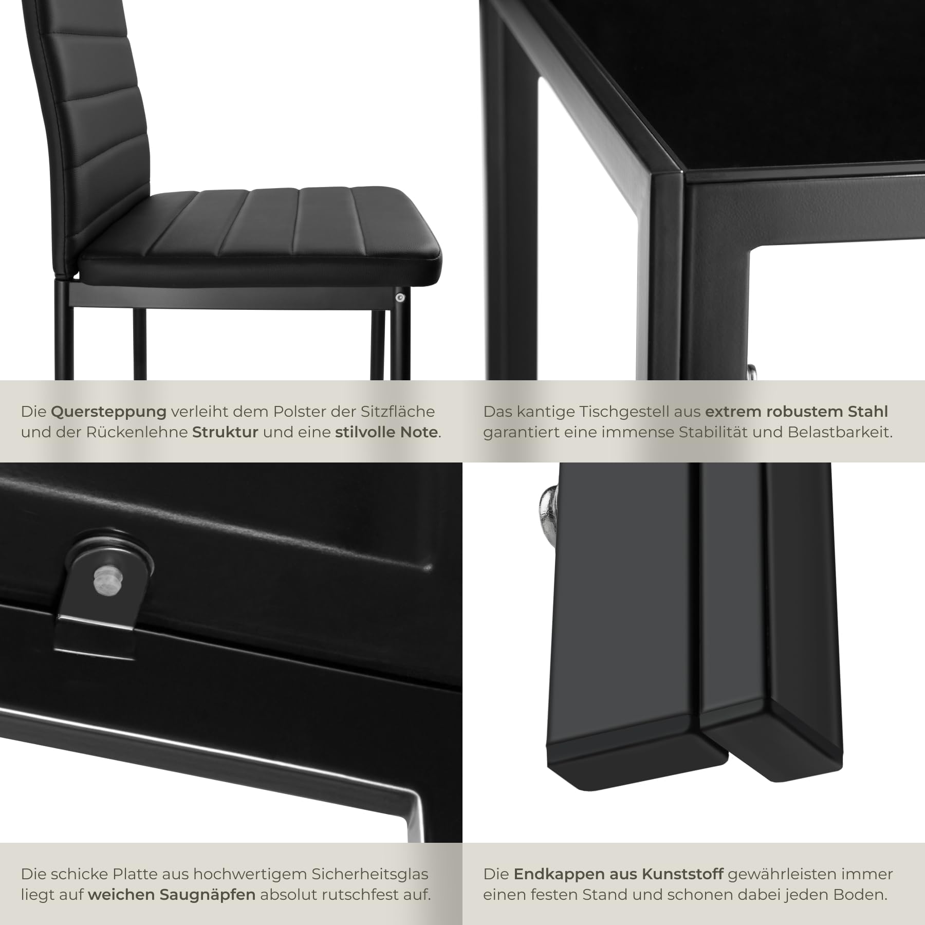 tectake Essgruppe Set Tisch und Stühle, Esstisch und 4X Stuhl, strapazierfähiges Kunstleder, Tischplatte aus Sicherheitsglas, Küchenstühle modern, Küche - schwarz