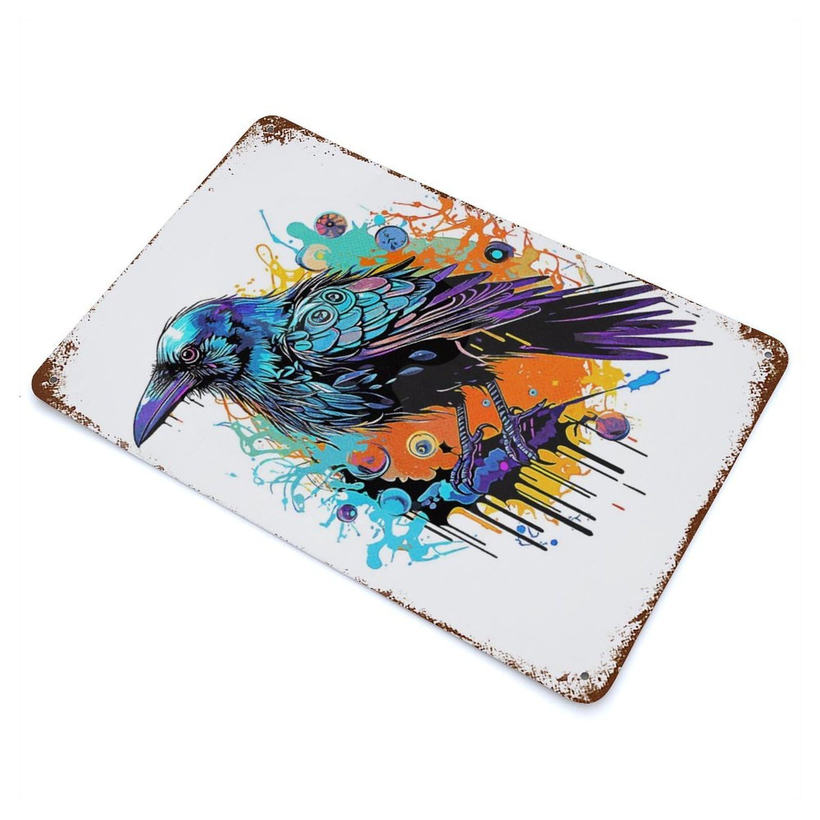 Garage Style Crow Painting Aged Metal Wall Plaque 11.8"x7.9", Farmhouse Wall Decor for Bar And Workshop