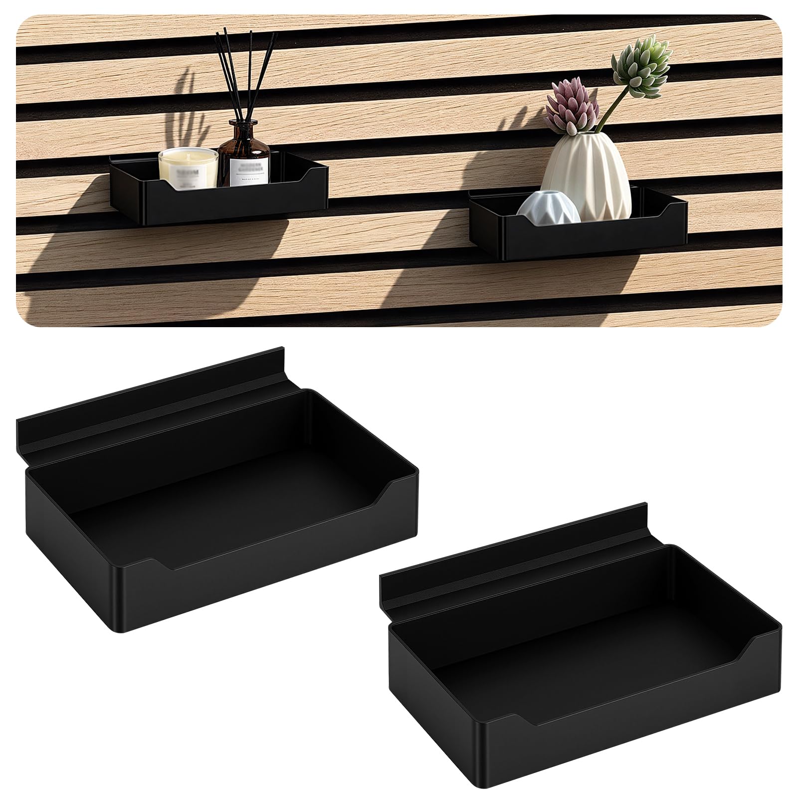 Meetory Acoustic Panels Accessories - 2 Pack No Drilling Floating Shelf Wall Storage Trays for Horizontally Acoustic Panels for Holding Plant Pots and Decorative Items