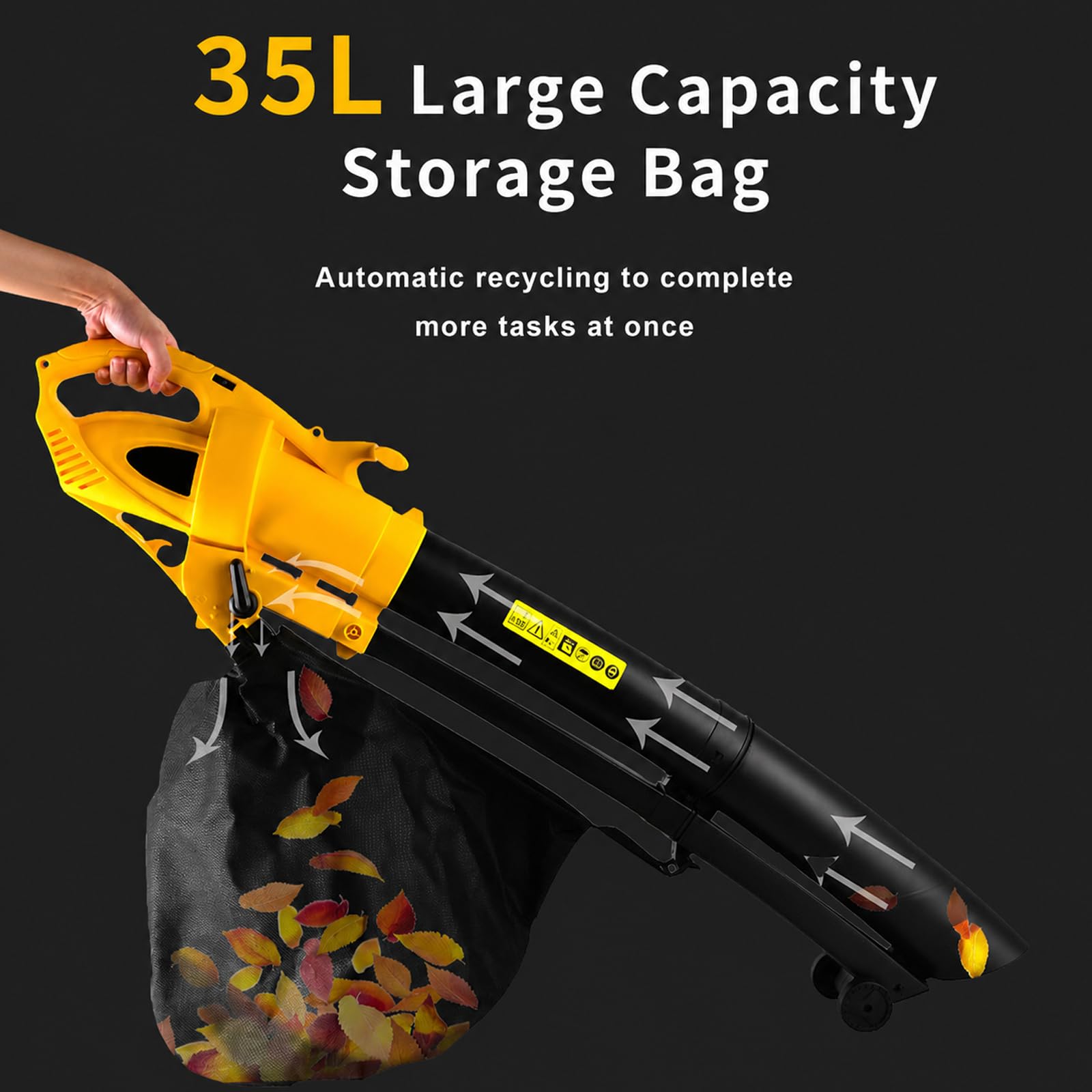 Soplador Eléctrico 3000 W, Aspirador de Jardín 270 km/h con Bolsa de 35 L | 6 Velocidades, Cambio Soplado/Aspiración con un Toque, Ruedas Guía y Tubo Desmontable para Residuos de Jardín