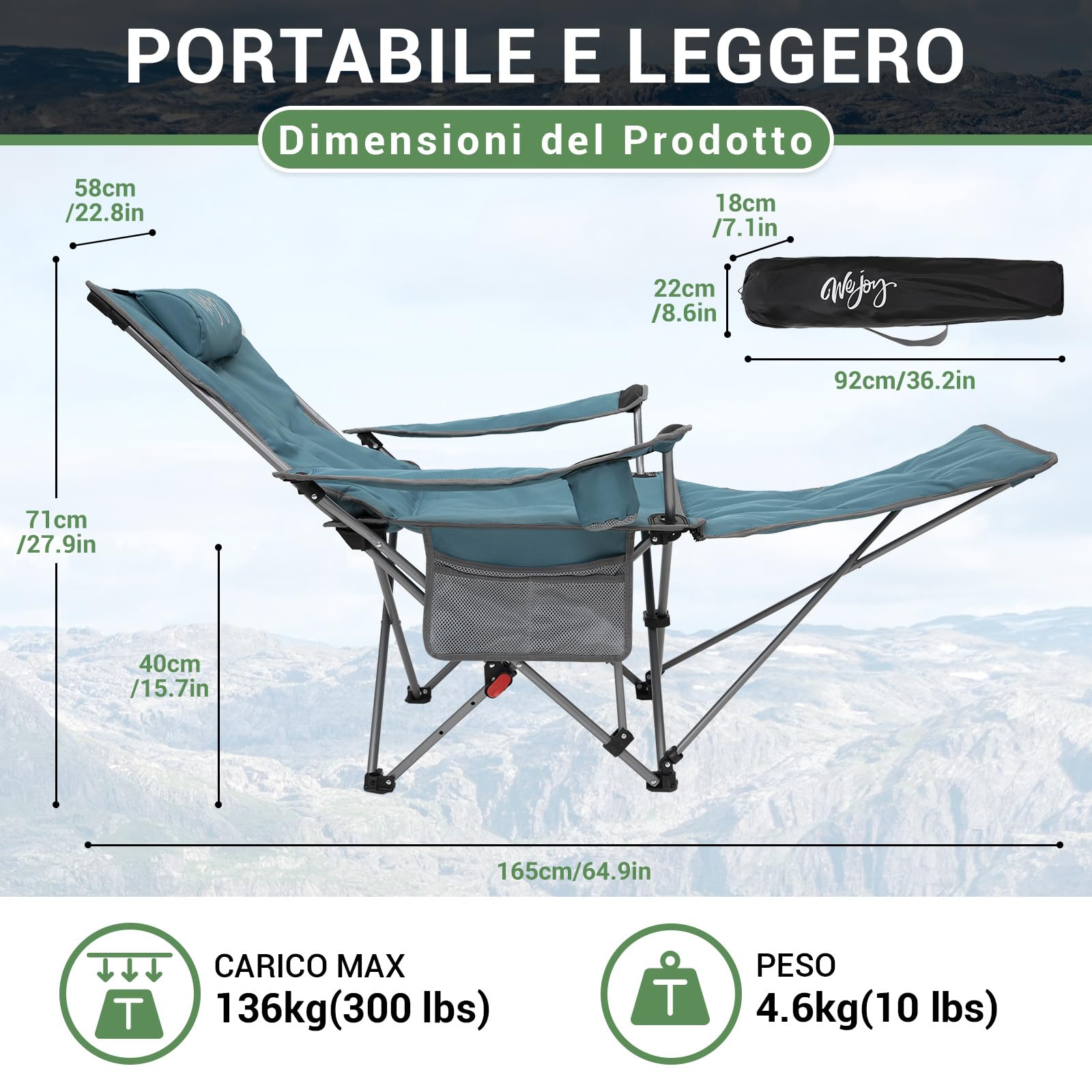 #WEJOY Sedia da Campeggio Pieghevole Reclinabile Imbottito, Sedia Sdraio da Spiaggia Portatile, Schienale Regolabile, Poggiapiedi Staccabile, Sedia Pieghevole per Giardino Interno Esterno, Cyan