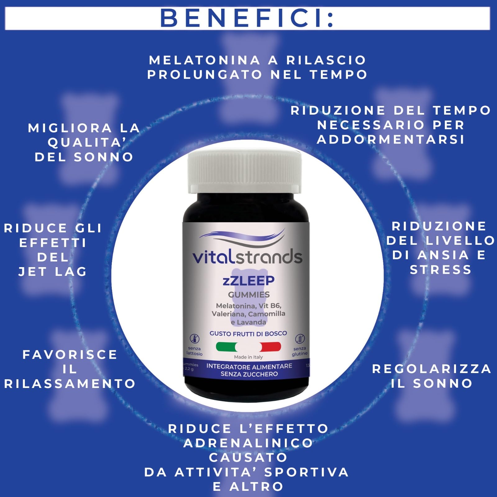 VITALSTRANDS zZLEEP | Melatonina per Dormire forte con l'aggiunta di erbe | Pastiglie per Dormire Meglio con Melatonina e Valeriana, Vitamina B6, Camomilla e Lavanda | 60 Caramelle per Dormire