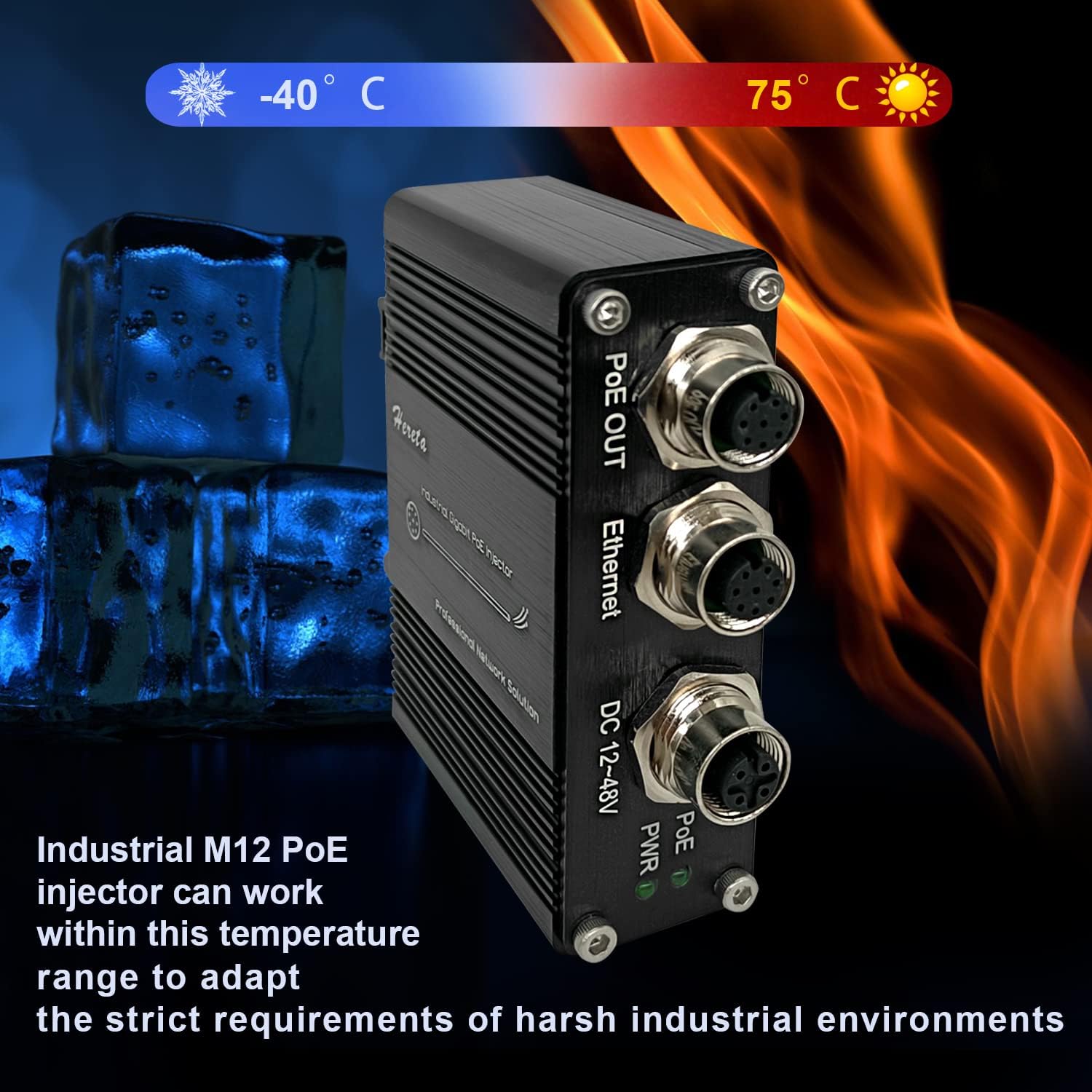 Hardened Industrial Gigabit PoE+ Injector M12 Interface 12-48VDC Input Support The PoE IEEE 802.3 af/at 30W Power Sourcing Equipment，Install in DIN- Rail or Wall Mount，Plug and Play