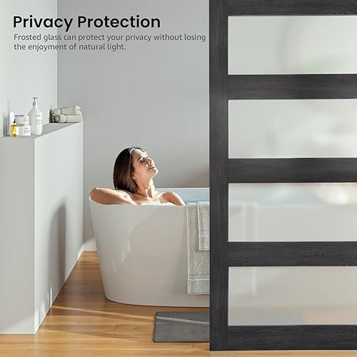 Miniatura 3 de Puerta de granero de vidrio de 28 x 84 pulgadas y kit de herrajes de 5 pies incluido, losa de puerta de granero blanco MDF con vidrio esmerilado,