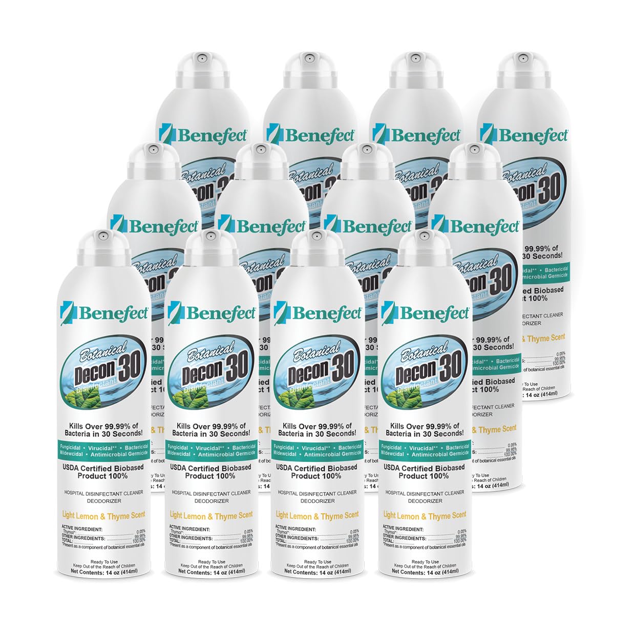 Benefect Botanical Decon 30 Disinfectant Cleaner, 14 oz. Ready-To-Use Spray, Hospital Grade Disinfectant, Kills Over 99.99% of Germs, Safe for Food-Contact Surfaces (12-Pack)