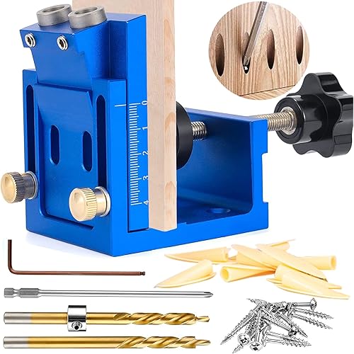 Pocket Hole Jig Kit, 15° Angled Woodworking Holes Locator, Portable Pocket Dowel Hole Drill Guide Jig Set w/2 Drill Bits, 1/2"- 11/2" Thick Wood Pocket Hole Screw Clamp System Kit for Carpentry(Blue)