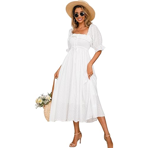 R.Vivimos Women Summer Half Sleeve Cotton Ruffled Vintage Elegant Backless A Line Flowy Long Dresses