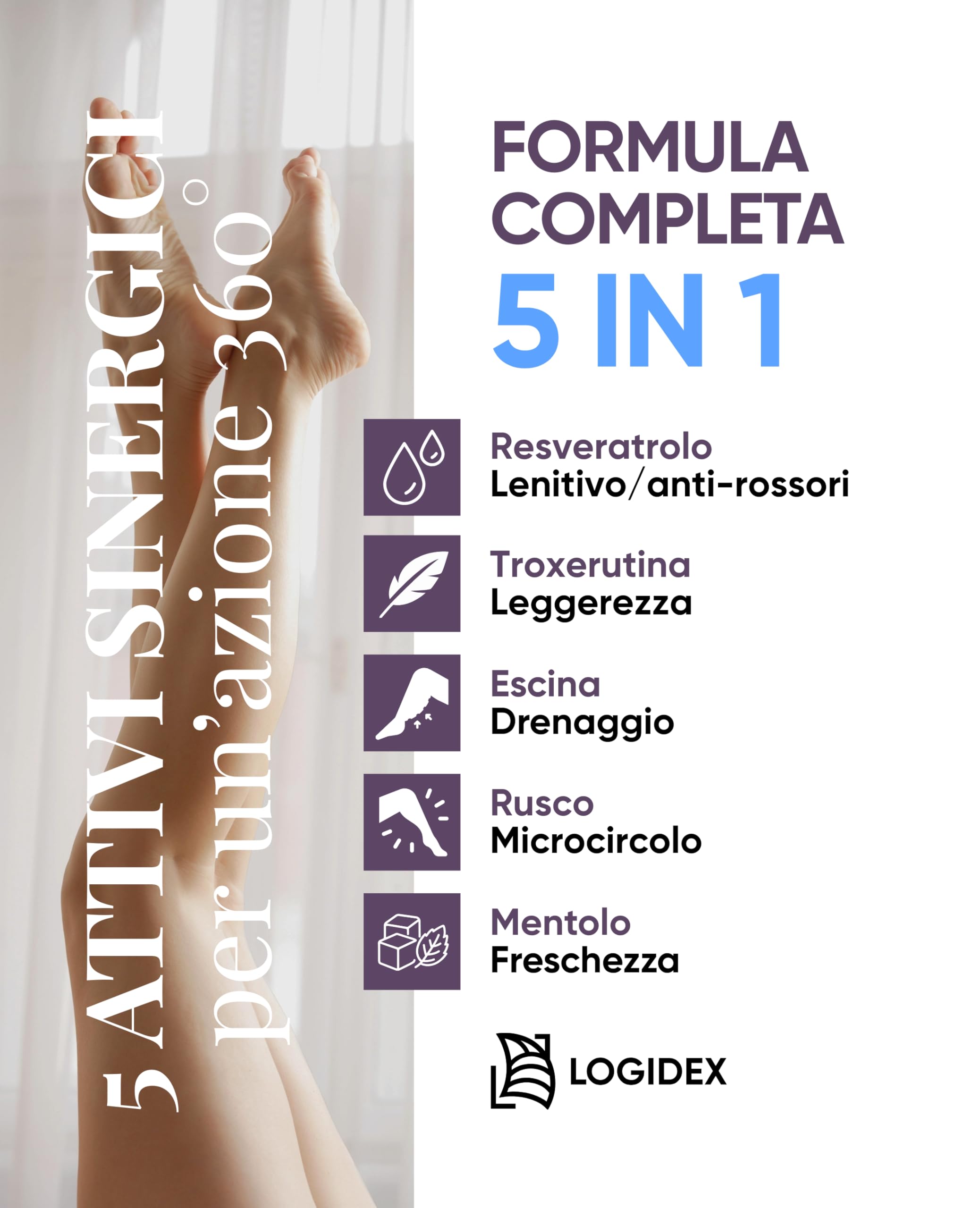 Venosten - Crema Vene Varicose e Capillari – Linfodrenante e Venotonica per Gambe Pesanti, Gonfie - con Resveratrolo, Troxerutina, Diosmina ed Escina - 100 ml - Logidex
