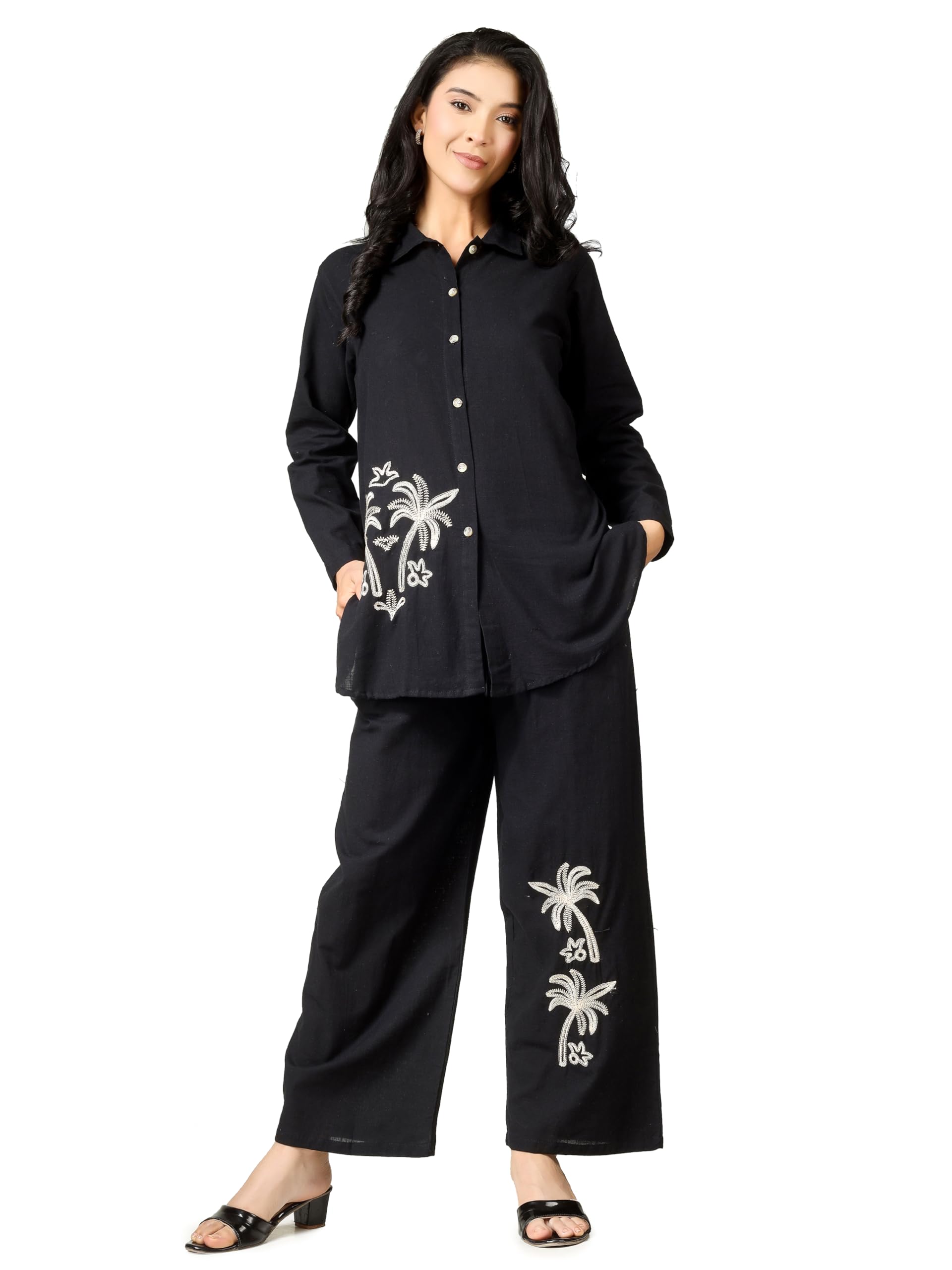 NK NK Casual Women’s Rayon Two Piece Outfit – Embroidered Button Down Shirt Top with Two Pocket Wide Leg Pants Co-Ord Set with Palm Tree-picture-30