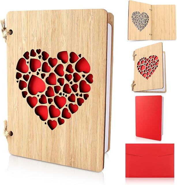 Wood Card, Bamboo Card, Handmade Real Bamboo, Advanced Bamboo Wooden Greeting Card with Envelope, Suitable for Valentine's Day, Anniversary, Birthday (Heart)