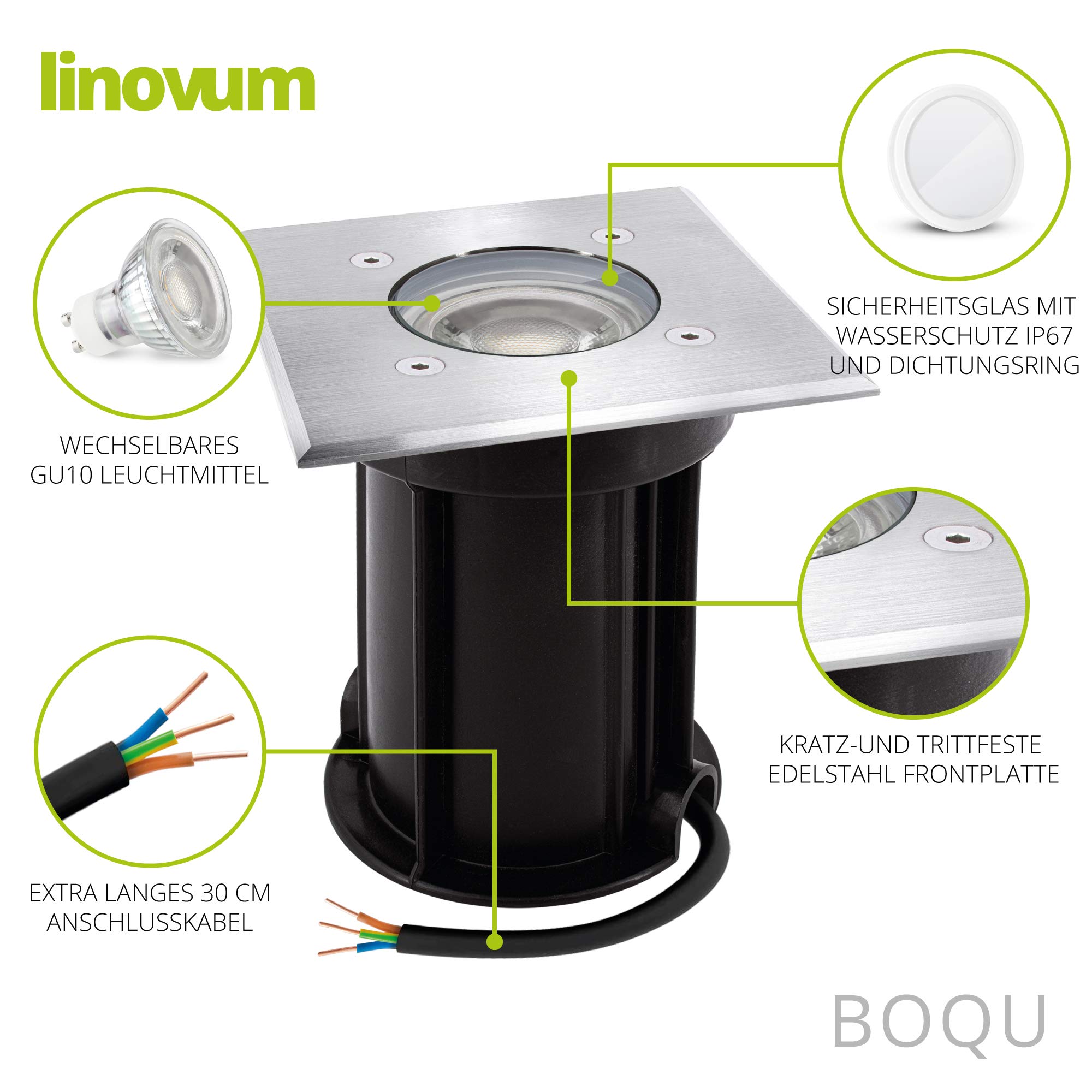 linovum BOQU 4 Stück Bodeneinbaustrahler eckig IP67 GU10 ohne Leuchtmittel | Befahrbare Bodenstrahler eckig silber, Fassung für GU10 Lampen mit Kabelanschluss - für Wege, Einfahrt, Garten, Terrasse