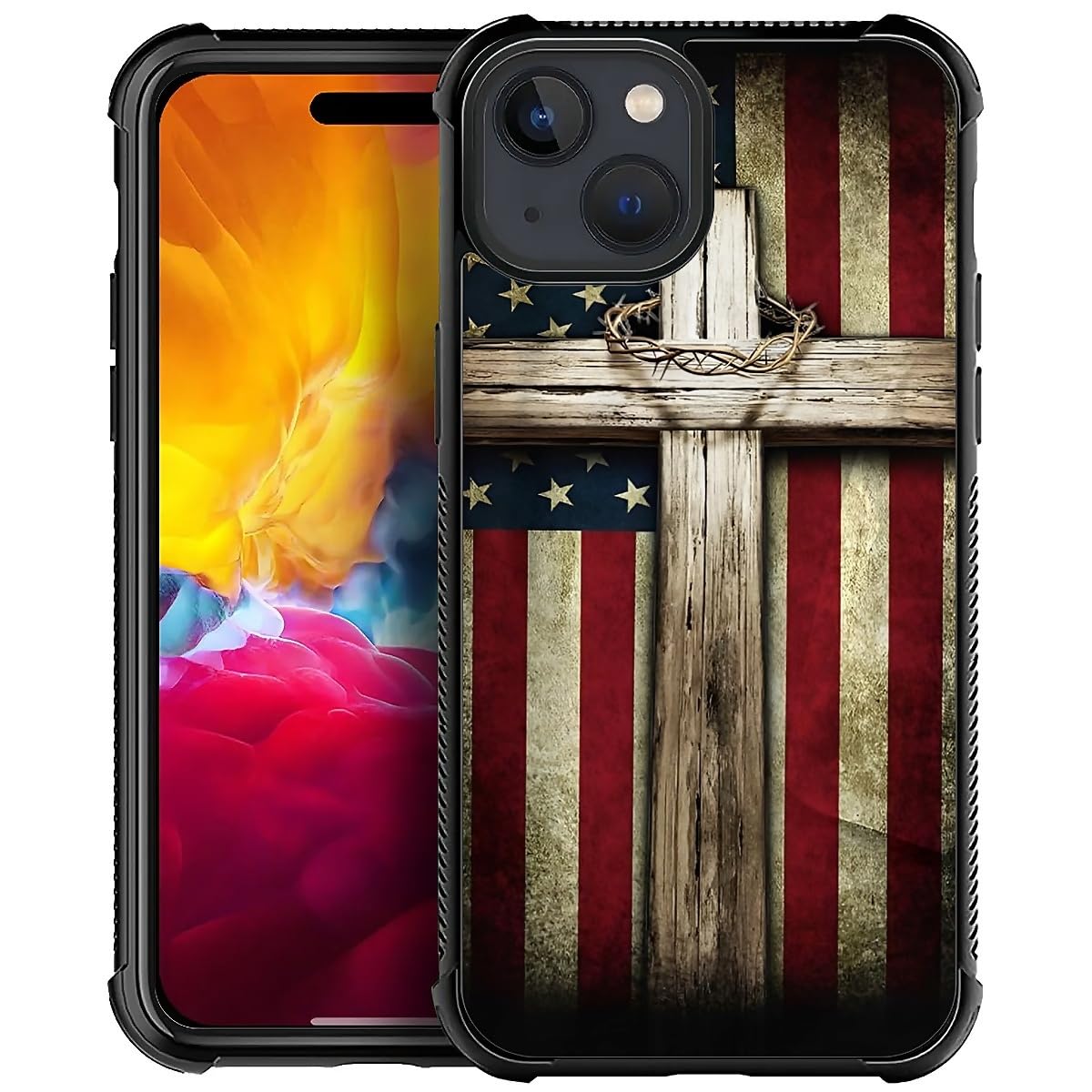 Zeggi for iPhone 15 Case 6.1-inch with Cross American Flag Four Corner Airbag Protection Design Soft Silicone Frame Personalized Pattern Case