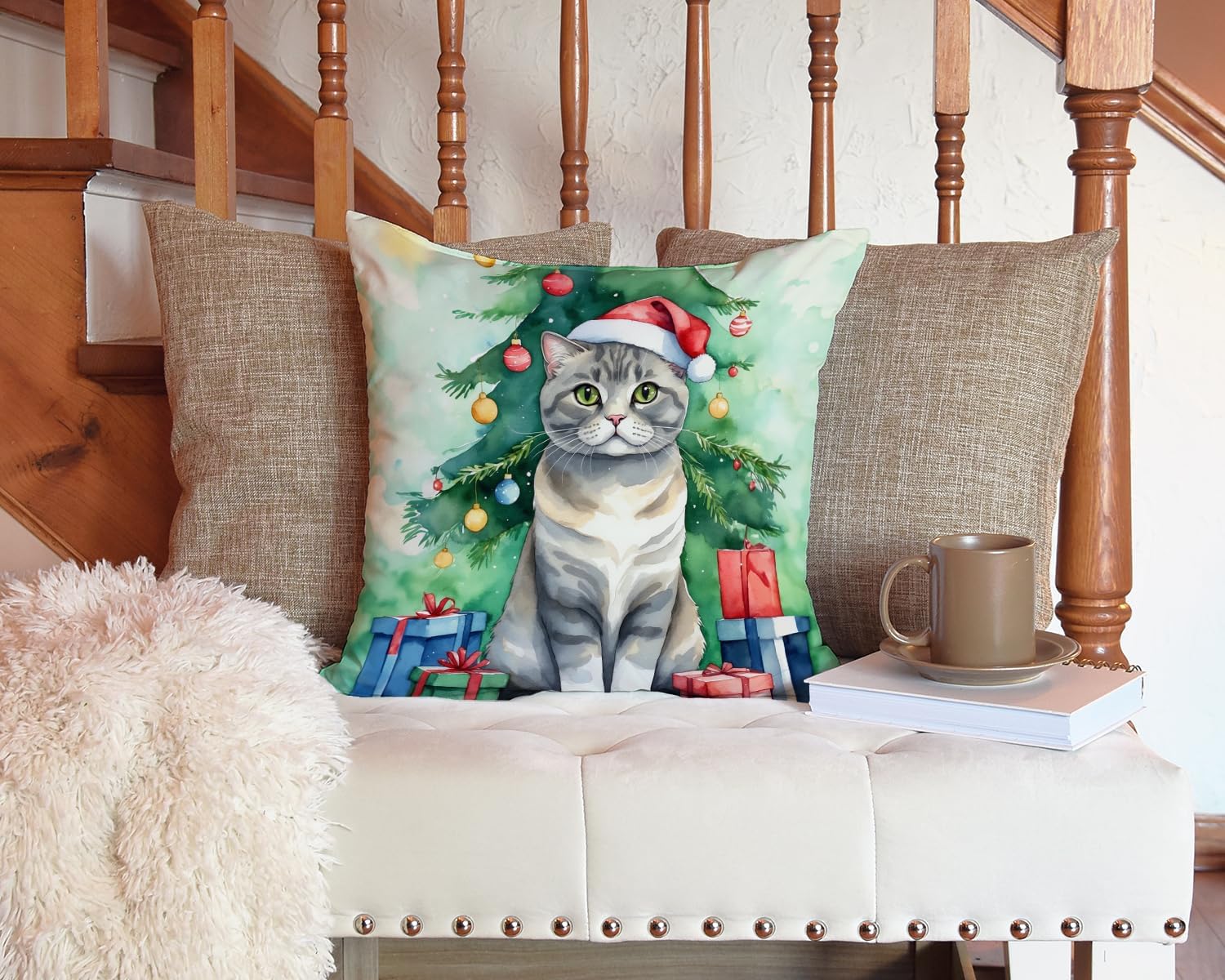 Caroline's Treasures Scottish Fold Cat by The Christmas Tree Throw Pillow Machine Washable, Indoor Outdoor Decorative Pillow for Couch, Bed or Patio, 14Hx14W