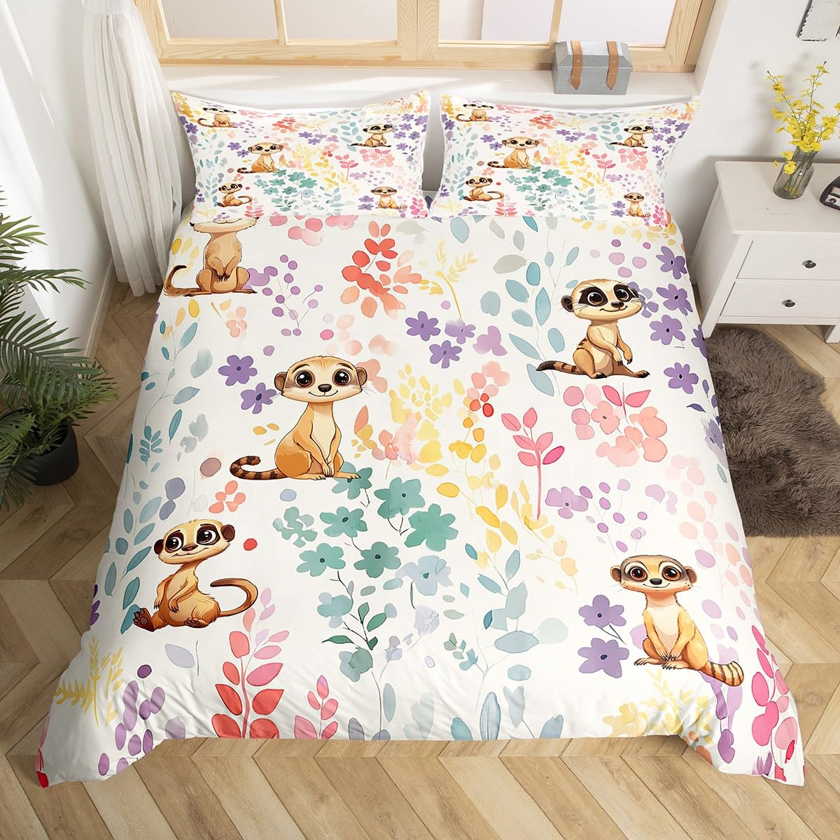 Parure de lit 1 place suricate et fleurs avec housse de couette 140x200
