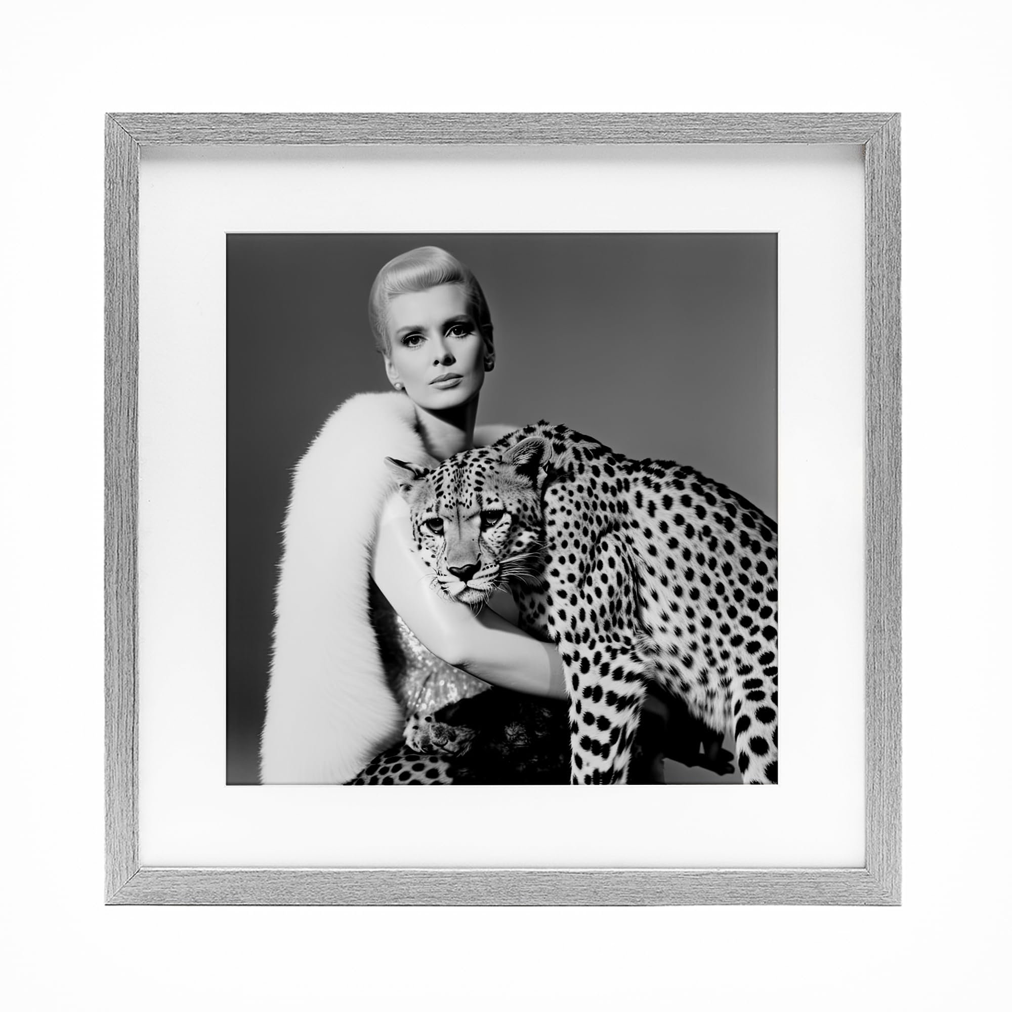Stupell Industries Cat Woman Cheetah Portrait Gray Framed Print Under Glass, design by Sasha, 13 x 13