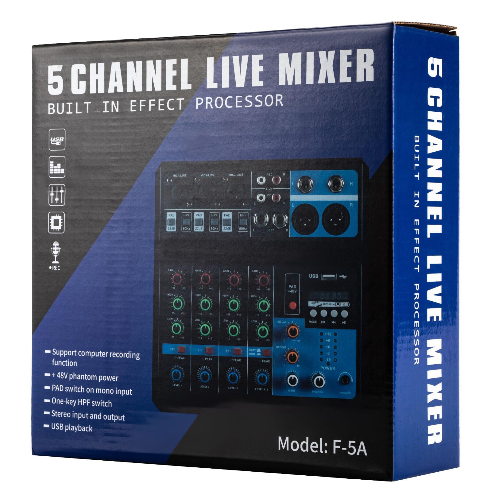 5-Kanal-Stereo-Sound-Mischkonsole, 5 Kanal USB Bluetooth Mixer Live Studio Audio Verstärker DJ Mischer DJ-Mischpult für PC Live Performance KTV Home Stage Musik Effekte Soundkarte