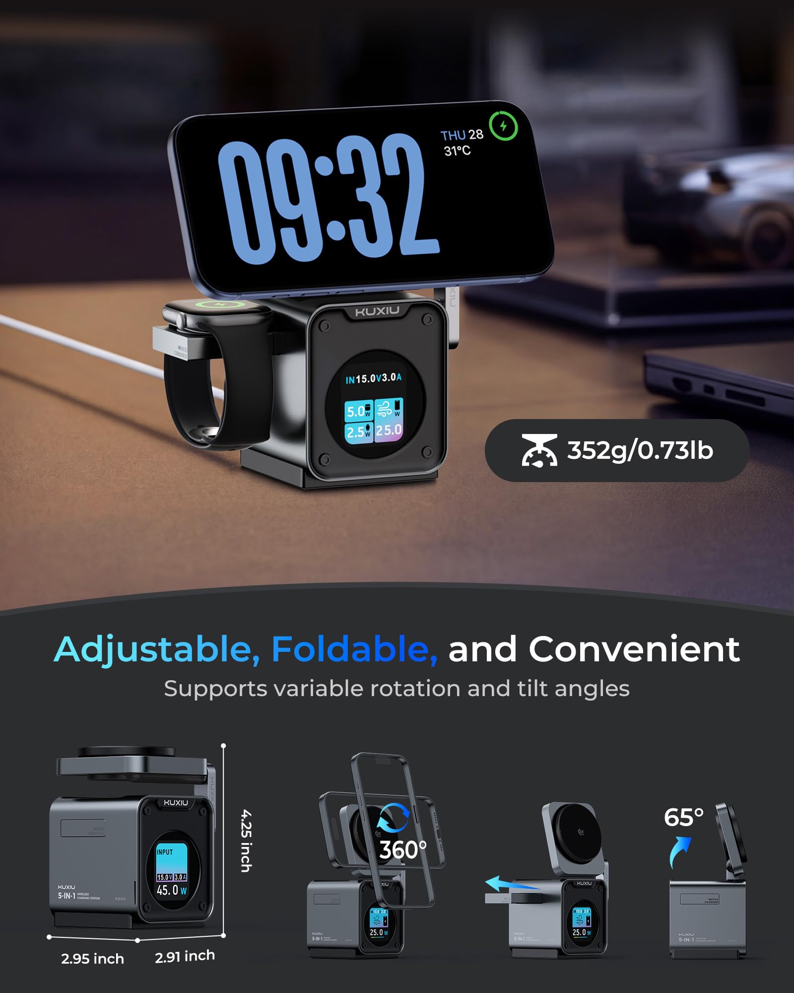 KU XIU 5-in-1 Ladestation Qi2.2 25W mit Smart TFT Display & Kühlventilator