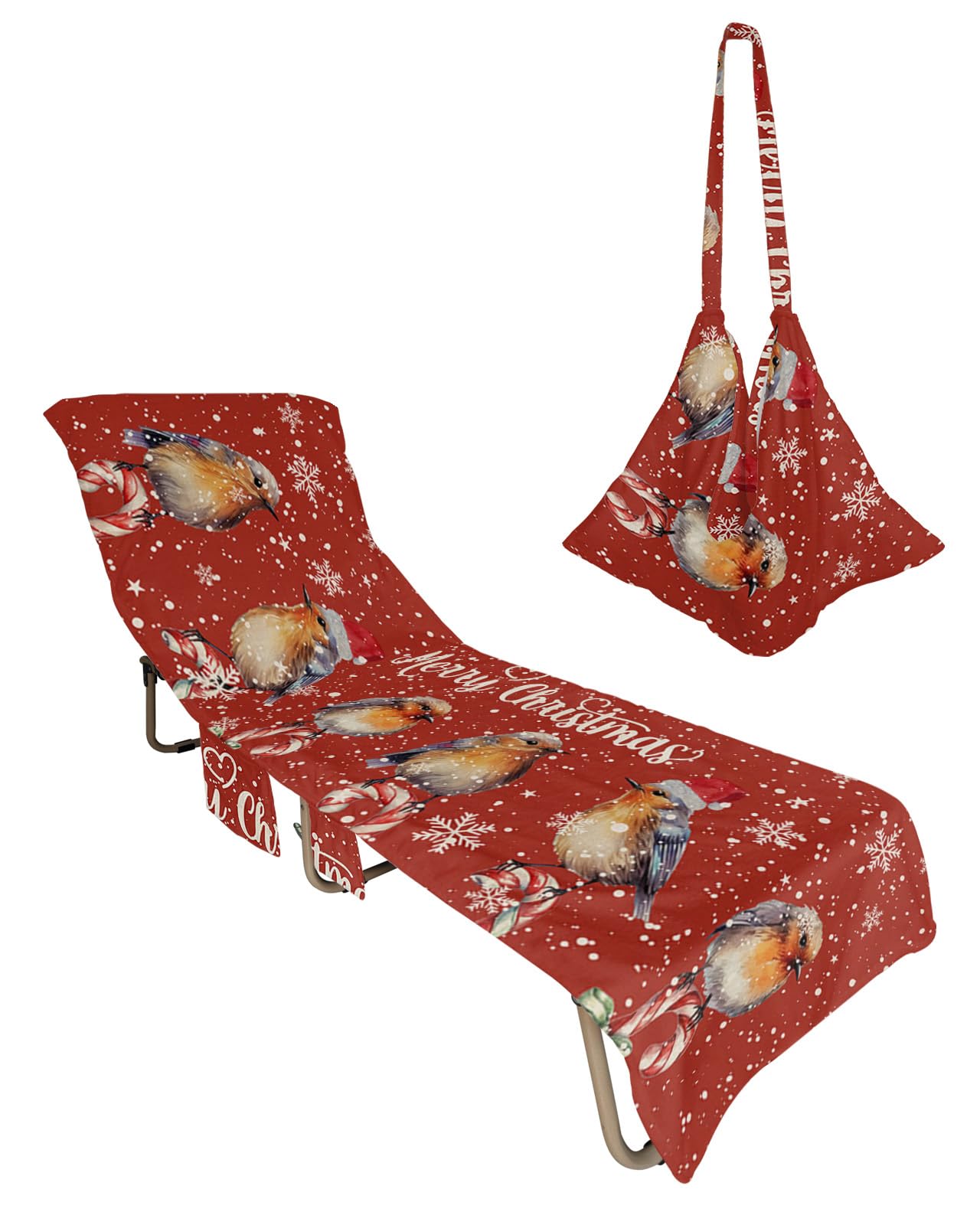 Christmas Birds Beach Chair Towel Covers for Chaise Lounge with Side Pocket, Soft Plush Pool Towels Cover for Patio Sunbathing Outdoor 29''x85'' Red Winter Rustic Snowflake