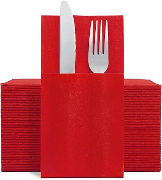 Unves Linen-Feel Red Paper Napkins with Built-in Flatware Pocket, 50 Pack