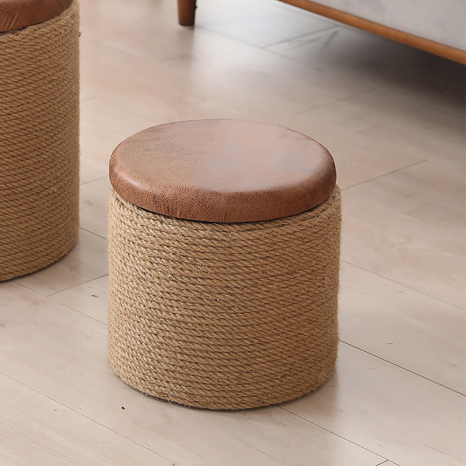 MSHGSKU Rustic Solid Wood Storage Stool Handwoven Rope Shoe Bench Ottoman Footrest for Entryway Bedroom Balcony Hallway Living Room (Small Round Leather)