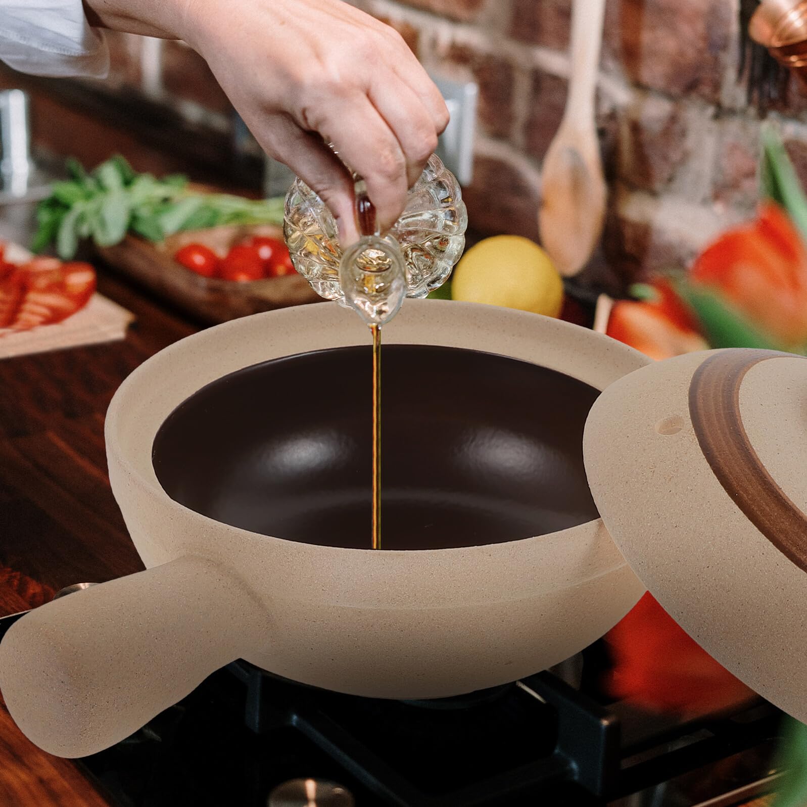 Cabilock Casserole en Céramique pour Soupe et Riz, Marmite de Cuisson Antiadhésive avec Poignée Unique, Préparation Culinaire Cuisine Snack Bar