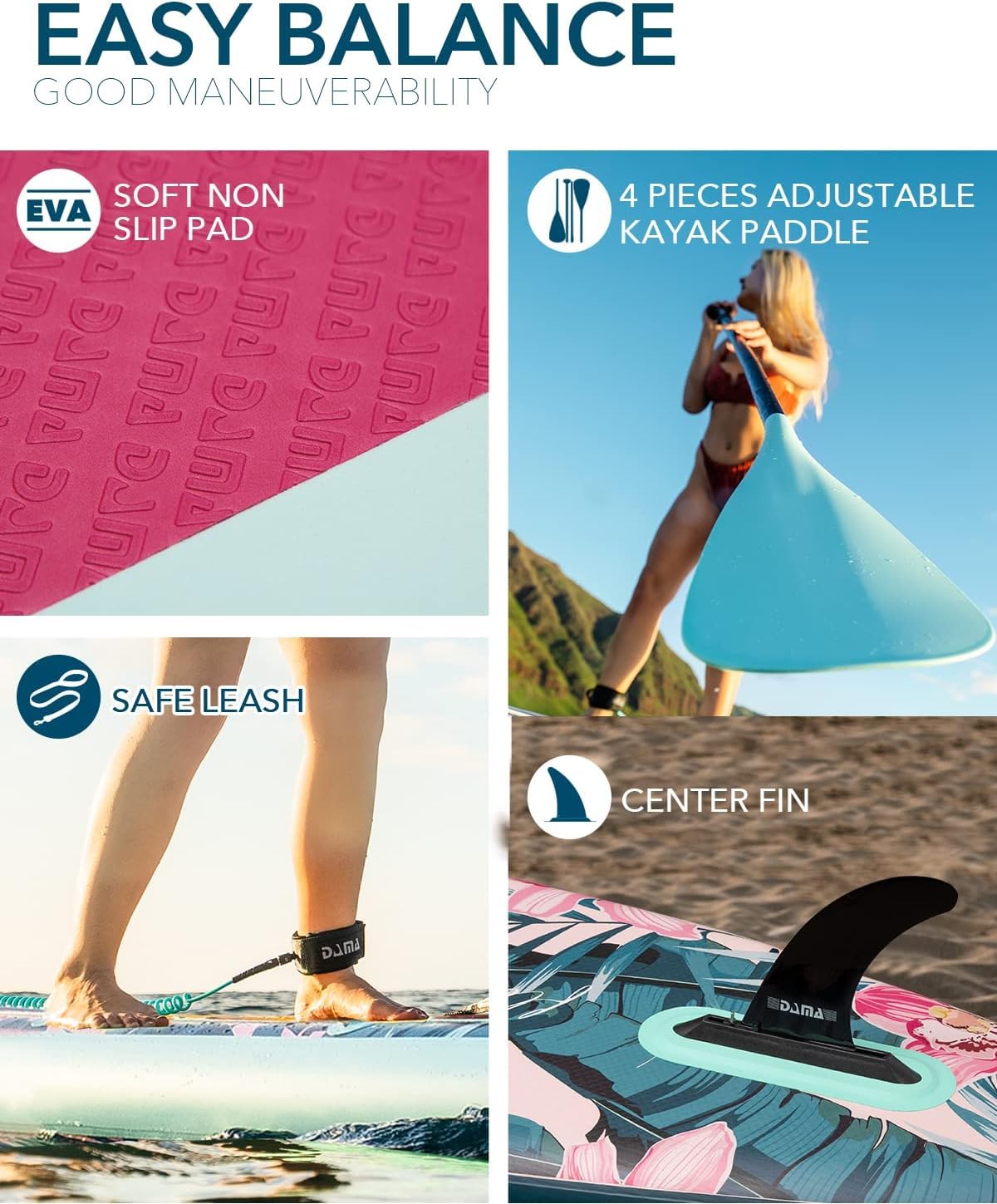 DAMA Light Flower Tabla de Paddle Surf Hinchable, Sup Paddle Board Inflable 320 x 81 x 15 cm, Antideslizante, hasta 145 kg, Remo Doble, Bomba, Mochila, Correa de Seguridad y Bolsa Estanca 5 L