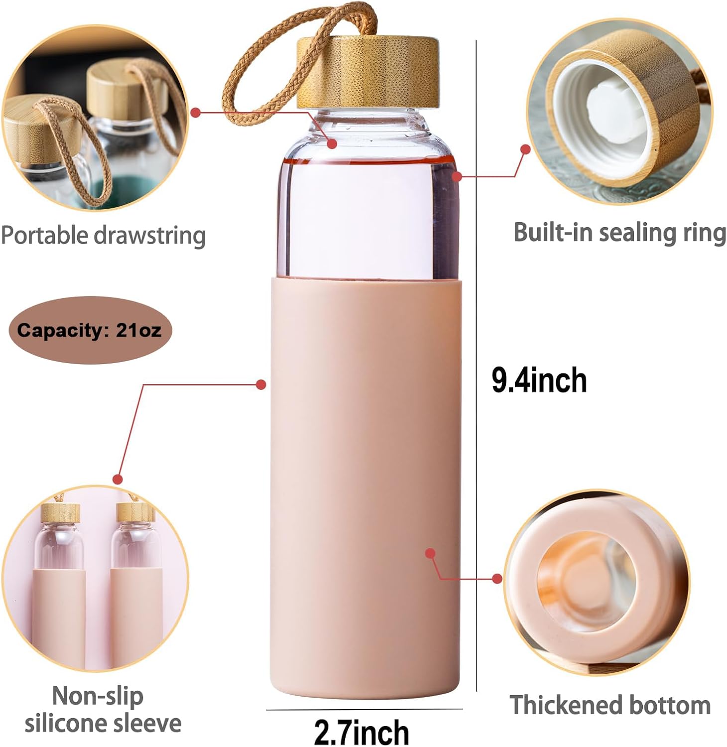 21 oz Borosilicate Glass Water Bottles with Silicone Sleeve & Leak-proof Lid,BPA Free, Dishwasher Safe-Reusable Clear Glass Drinking for Hot and Cold Drinks,Gym Travel Office cu.20.5 ft.(Green+Pink) - Image 2
