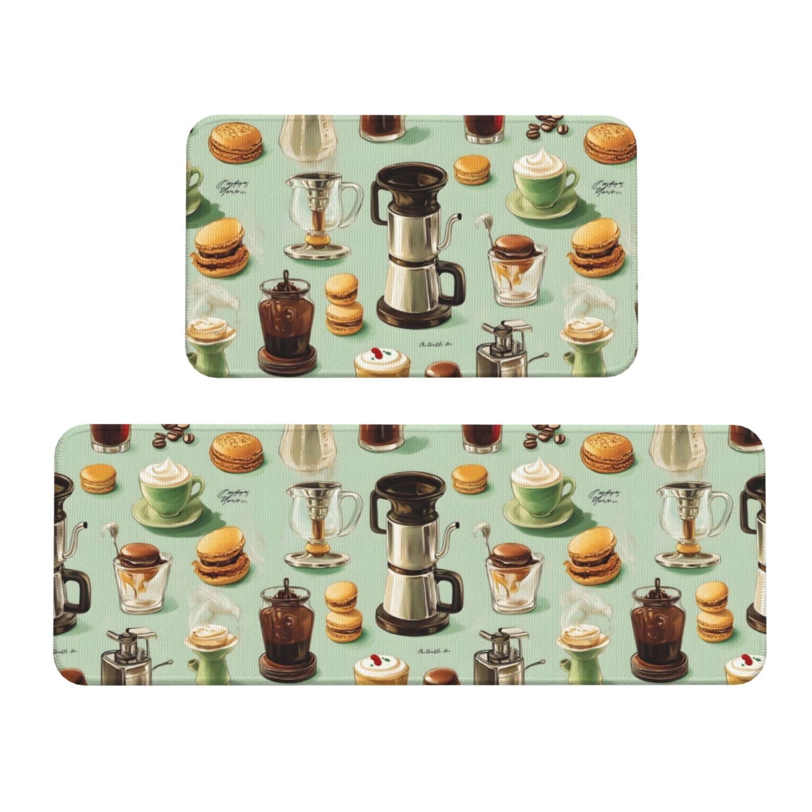 GVYGVY Antifatigue Kitchen Mats for Floor 2 Piece - Coffee Burger Print Kitchen Rugs Washable, Non Slip Runner Rug Standing Mat for Office/Bathroom/Laundry/Home Decor and Accessories